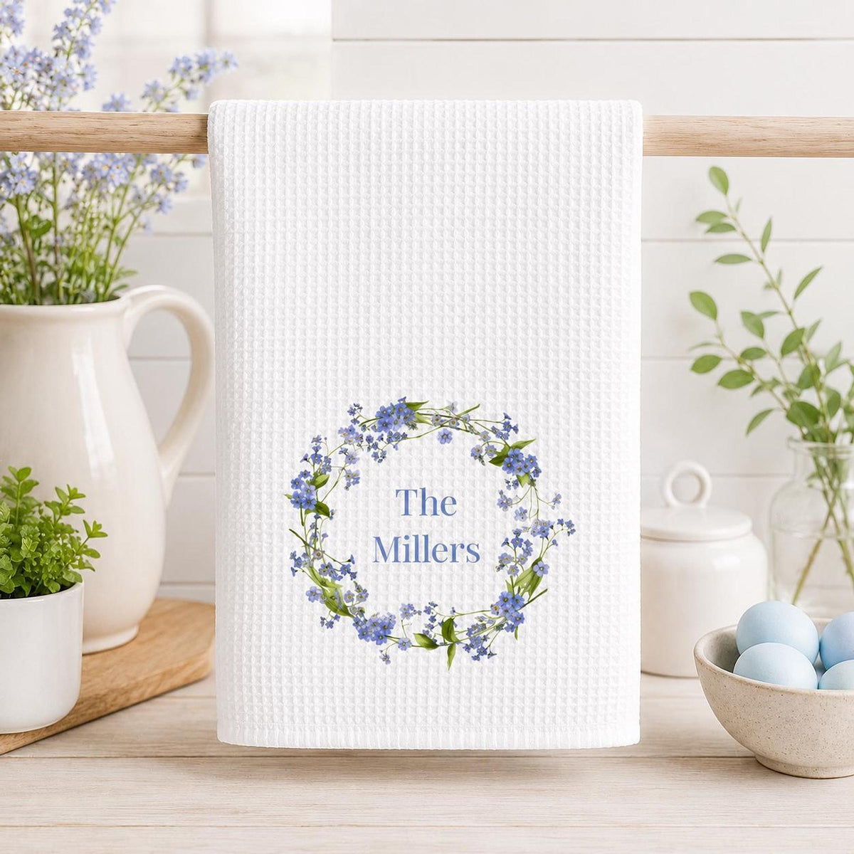 Forget Me Not Waffle Towel, Blue Floral Kitchen Accent with Personalization