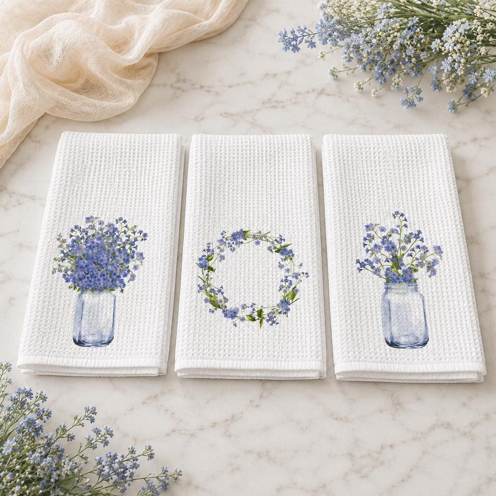 Forget Me Not Waffle Towel, Blue Floral Kitchen Accent with Personalization