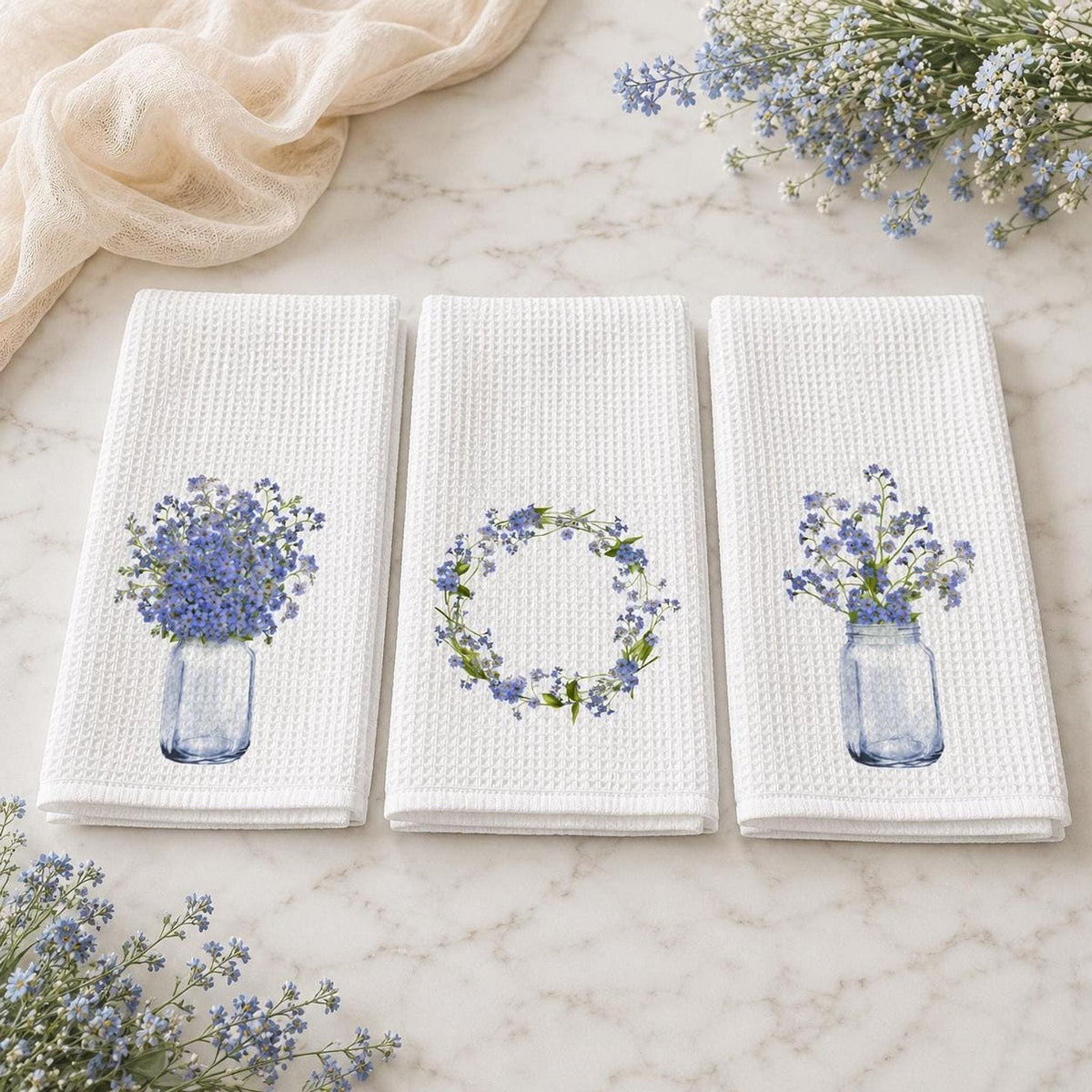 Forget Me Not Waffle Towel, Blue Floral Kitchen Accent with Personalization
