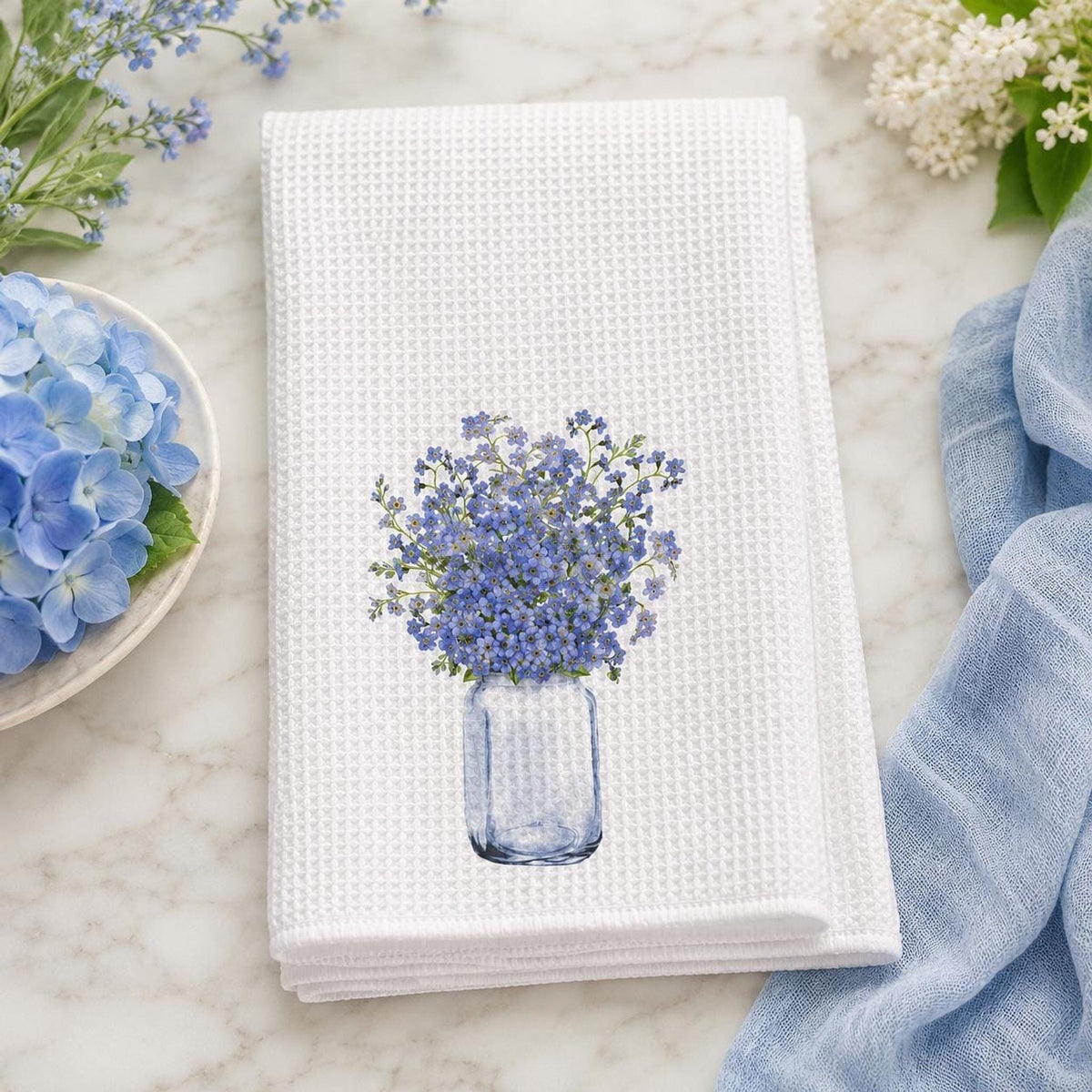 Forget Me Not Waffle Towel, Blue Floral Kitchen Accent with Personalization