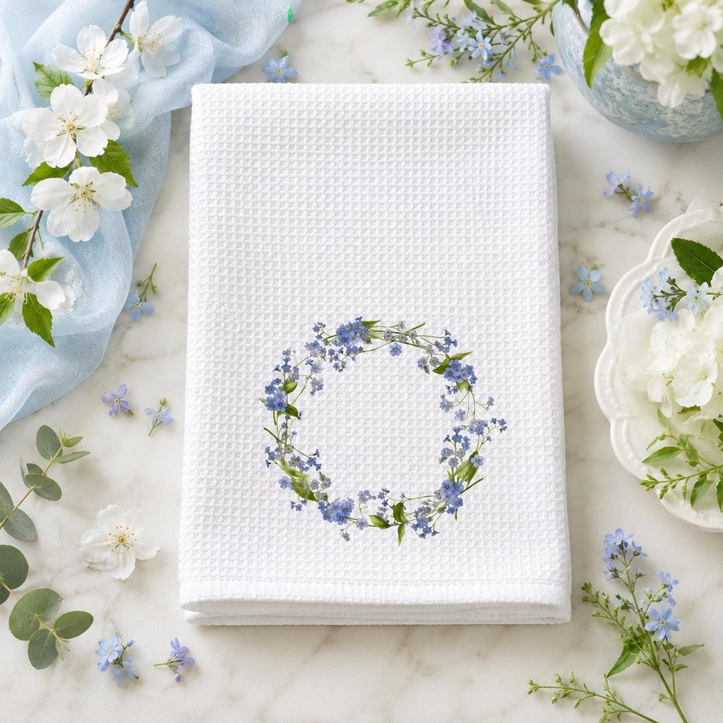 Forget Me Not Waffle Towel, Blue Floral Kitchen Accent with Personalization