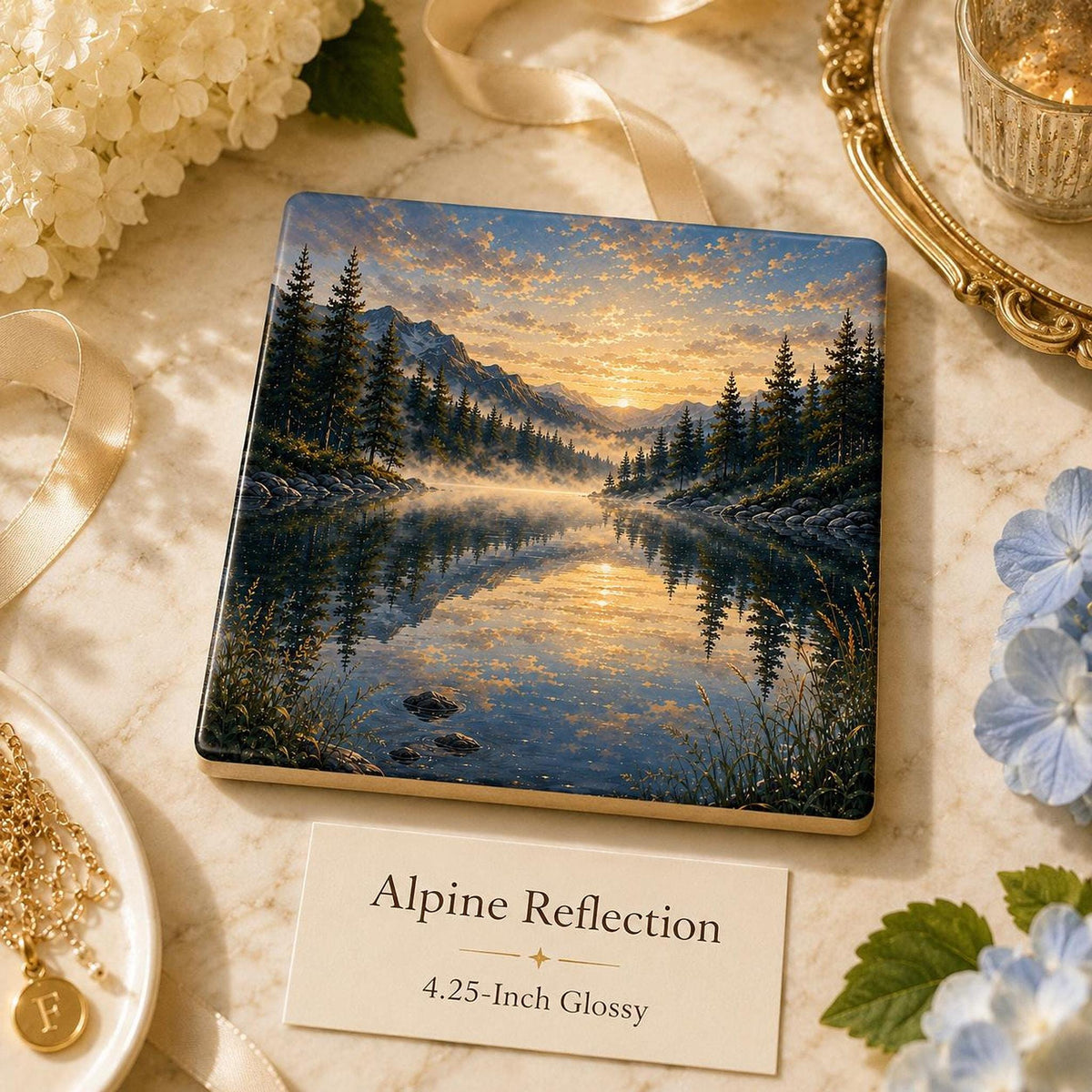 Lake Coaster with Scenic Artwork, Glossy Ceramic Design for Cabin Decor