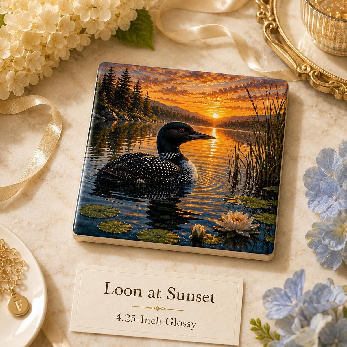 Lake Coaster with Scenic Artwork, Glossy Ceramic Design for Cabin Decor