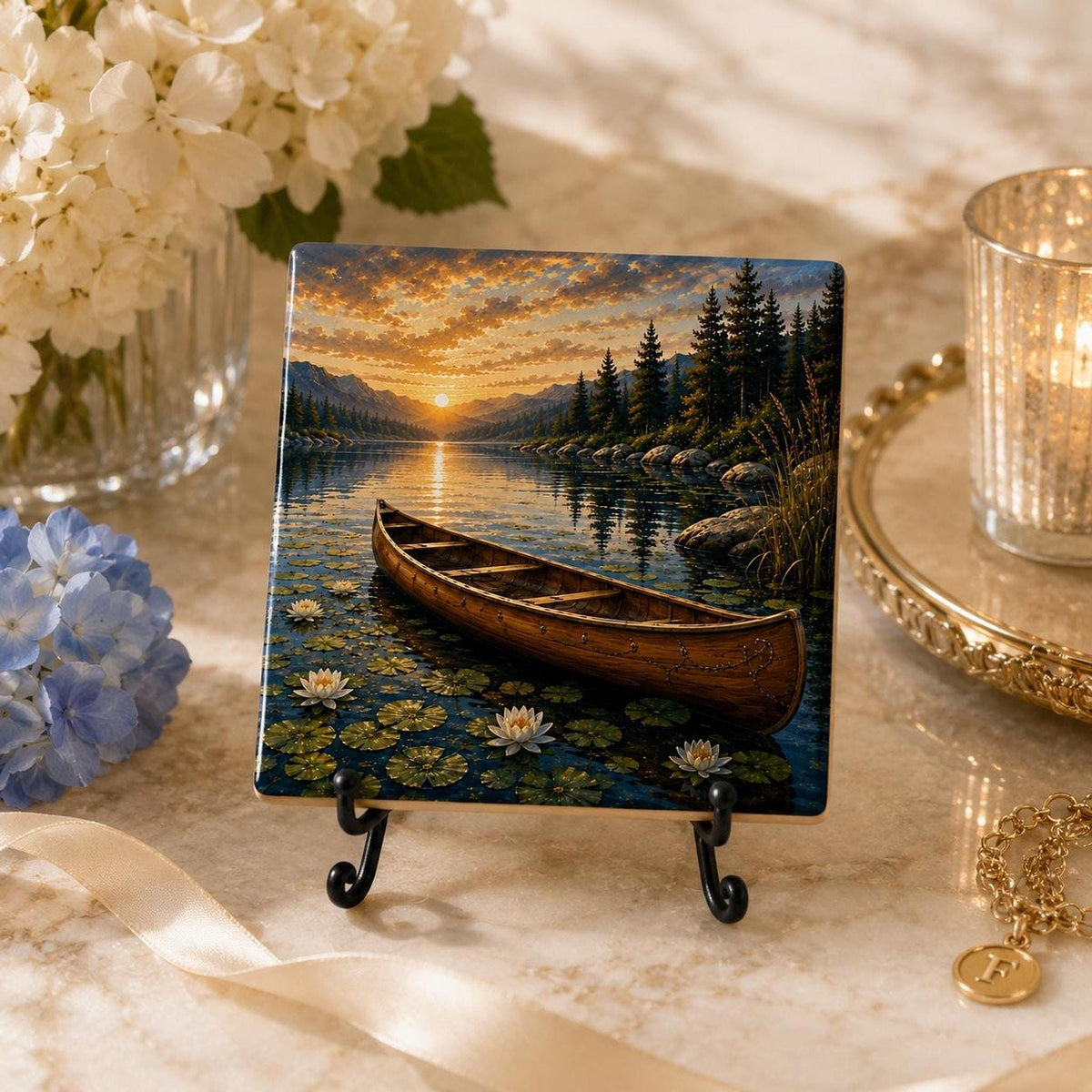 Lake Coaster with Scenic Artwork, Glossy Ceramic Design for Cabin Decor