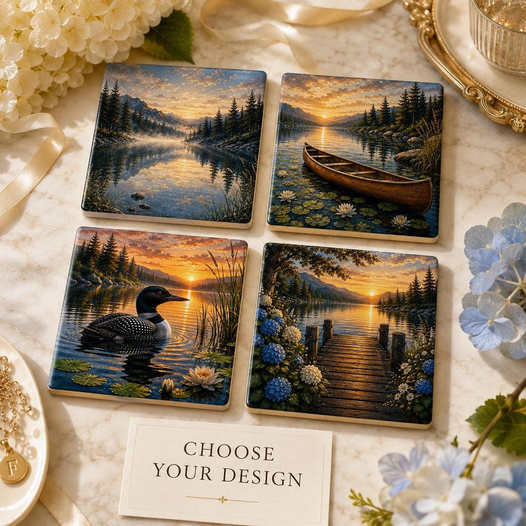 Lake Coaster with Scenic Artwork, Glossy Ceramic Design for Cabin Decor
