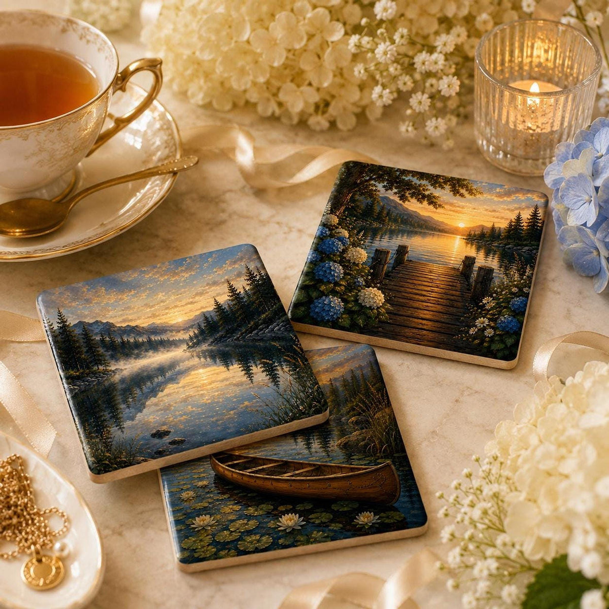 Lake Coaster with Scenic Artwork, Glossy Ceramic Design for Cabin Decor