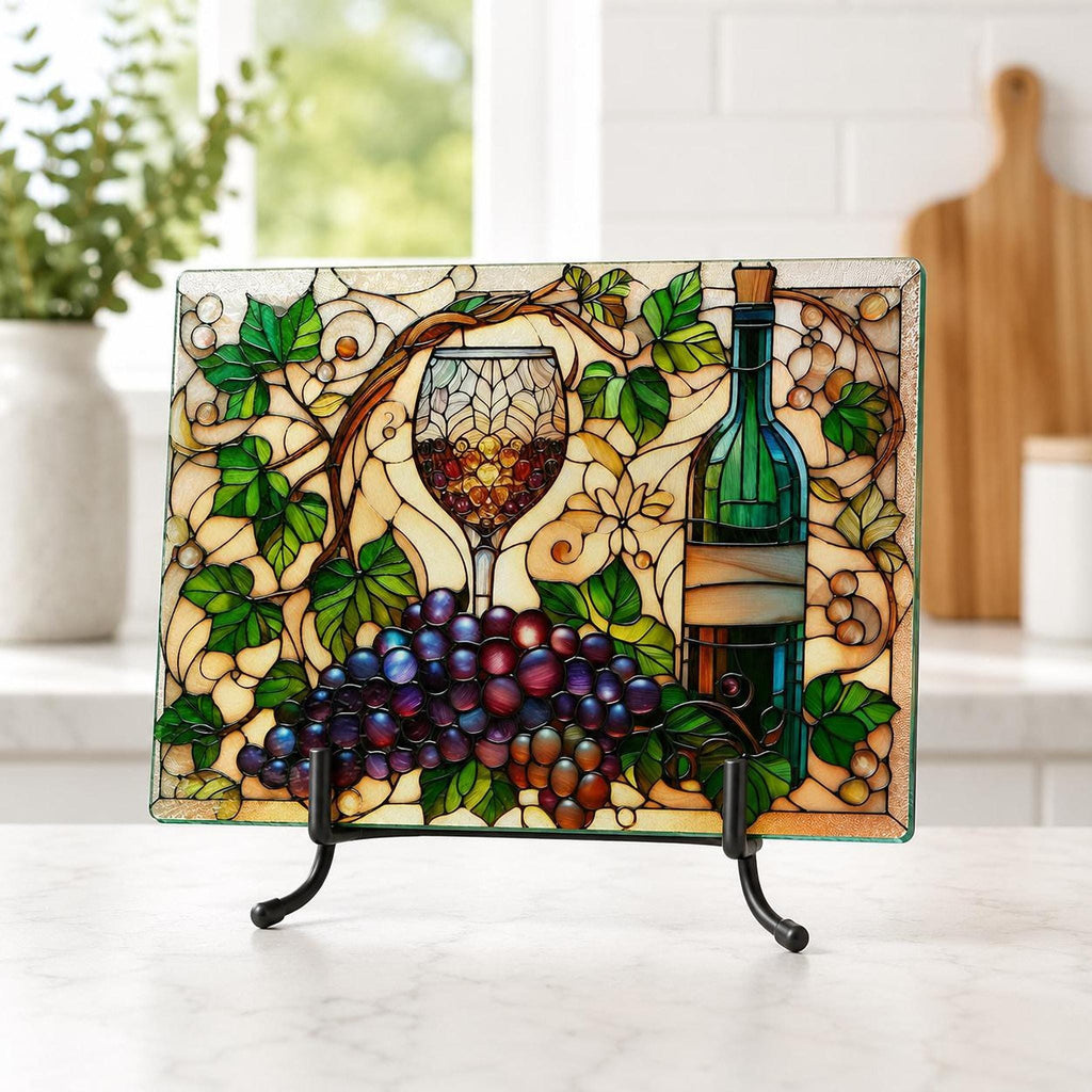 Wine Cutting Board, Tempered Glass Charcuterie with Vineyard Design