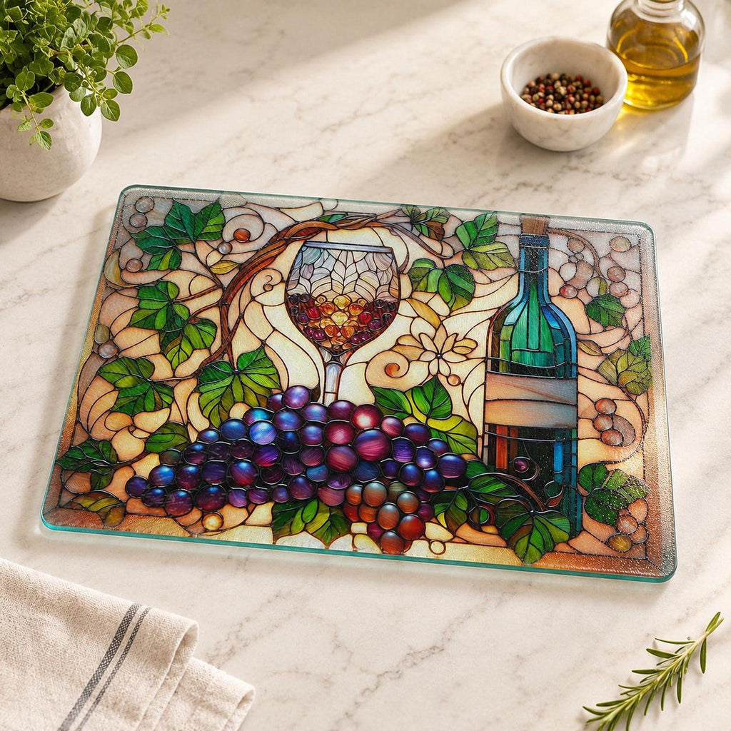 Wine Cutting Board, Tempered Glass Charcuterie with Vineyard Design