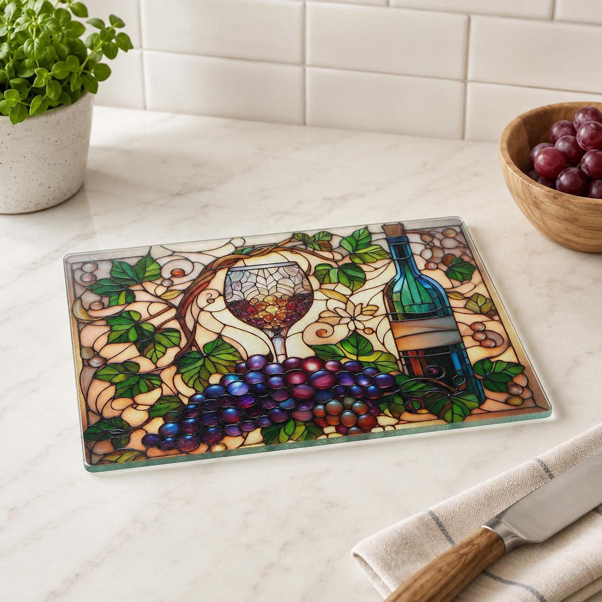 Wine Cutting Board, Tempered Glass Charcuterie with Vineyard Design