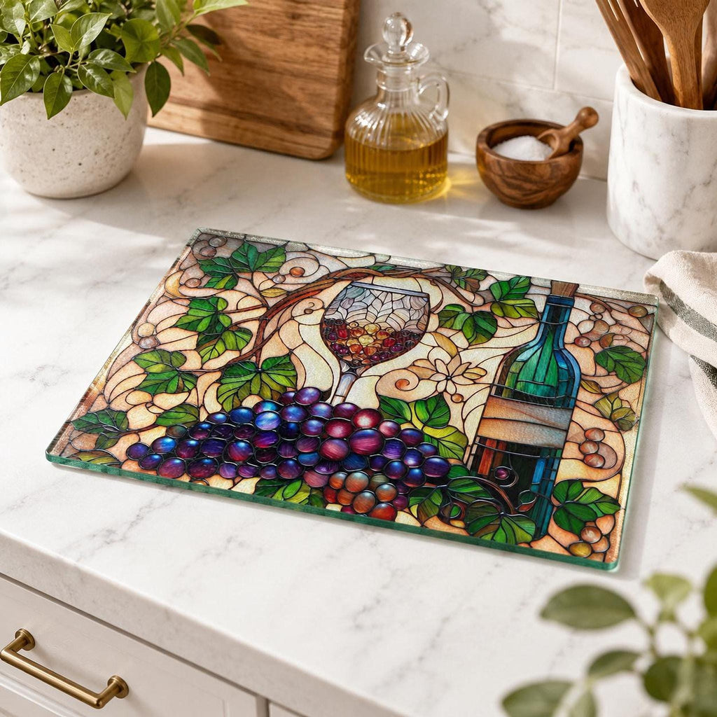 Wine Cutting Board, Tempered Glass Charcuterie with Vineyard Design