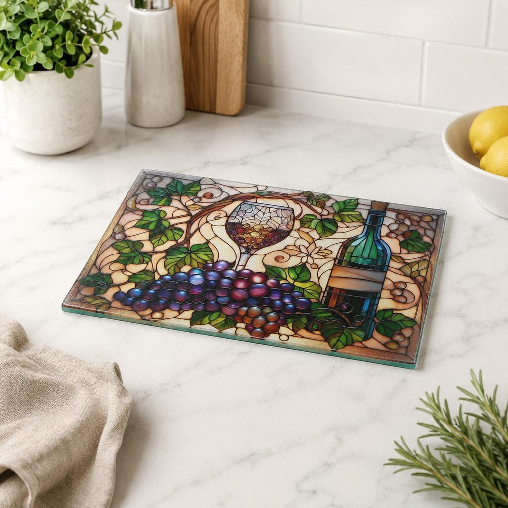 Wine Cutting Board, Tempered Glass Charcuterie with Vineyard Design