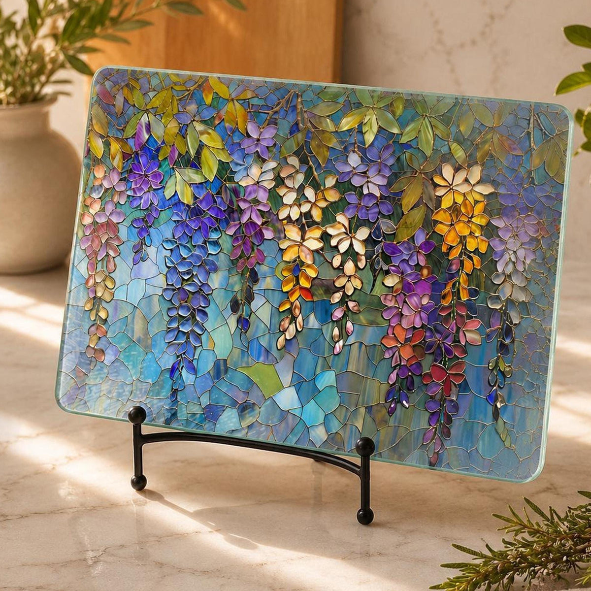 Wisteria Tempered Glass Board, Decorative Serving Tray with Floral Art