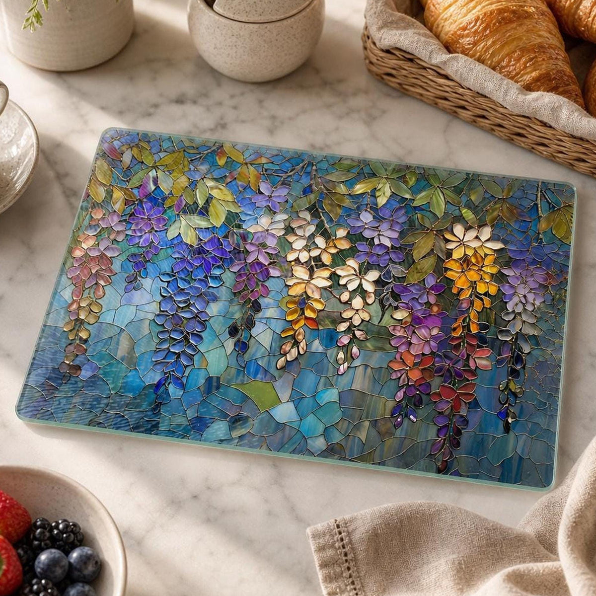 Wisteria Tempered Glass Board, Decorative Serving Tray with Floral Art