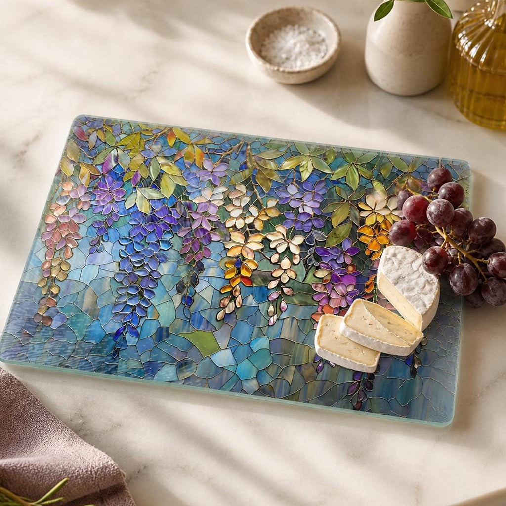 Wisteria Tempered Glass Board, Decorative Serving Tray with Floral Art