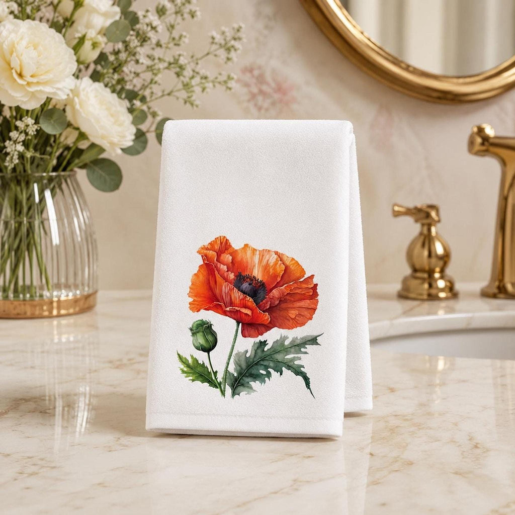 Orange Poppy Hand Towel, Floral Bathroom Decor, Botanical Guest Bath Accent