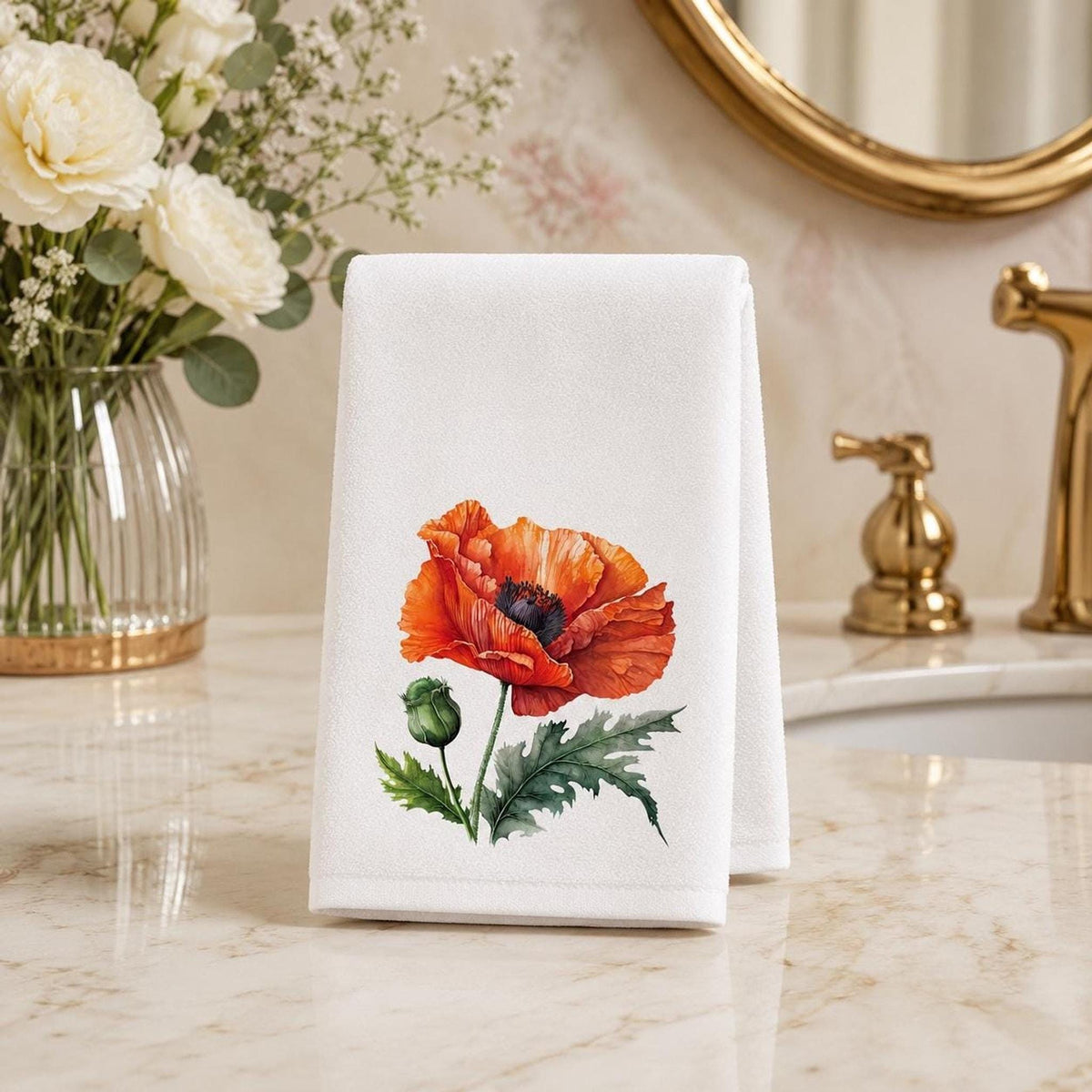 Orange Poppy Hand Towel, Floral Bathroom Decor, Botanical Guest Bath Accent