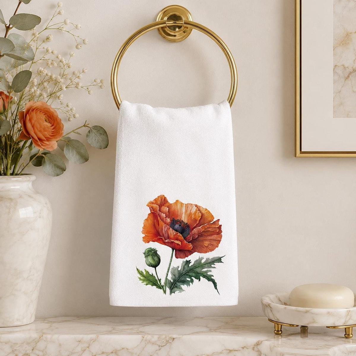 Orange Poppy Hand Towel, Floral Bathroom Decor, Botanical Guest Bath Accent
