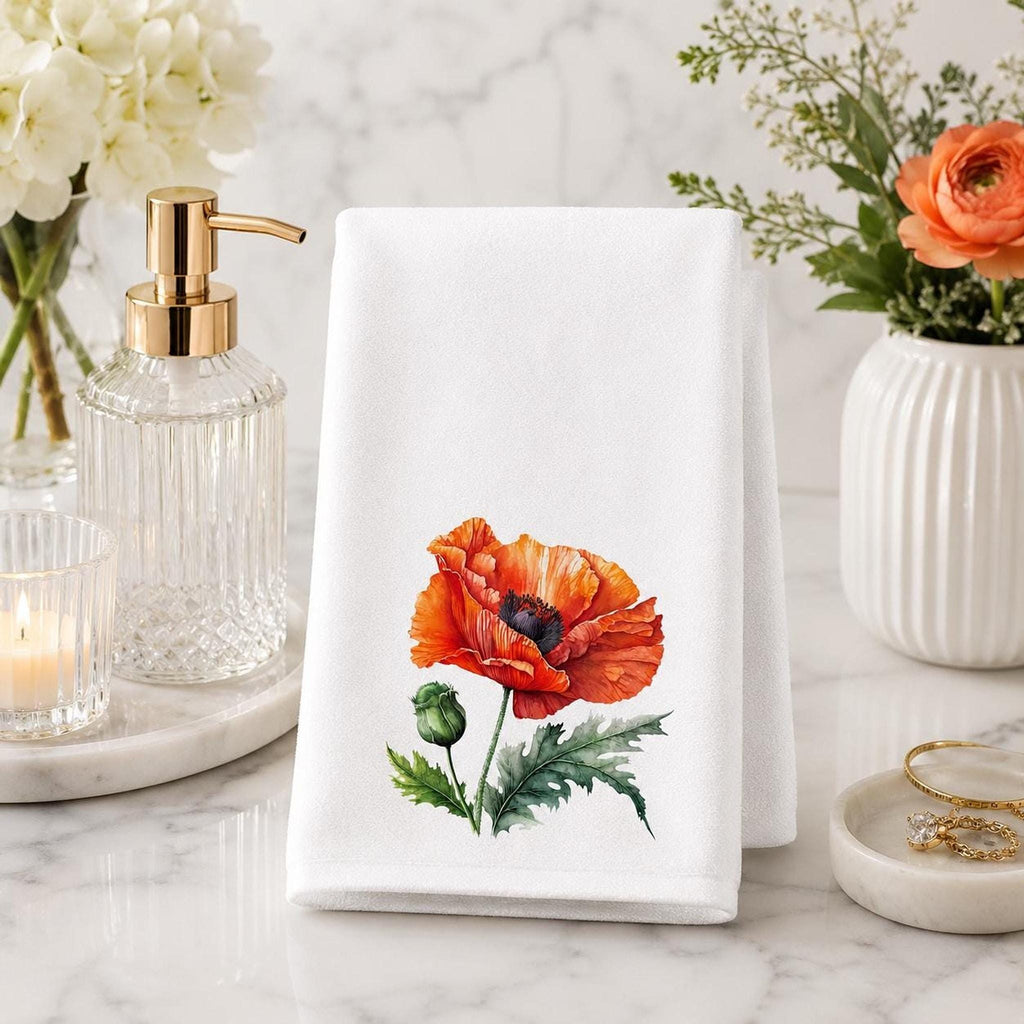 Orange Poppy Hand Towel, Floral Bathroom Decor, Botanical Guest Bath Accent