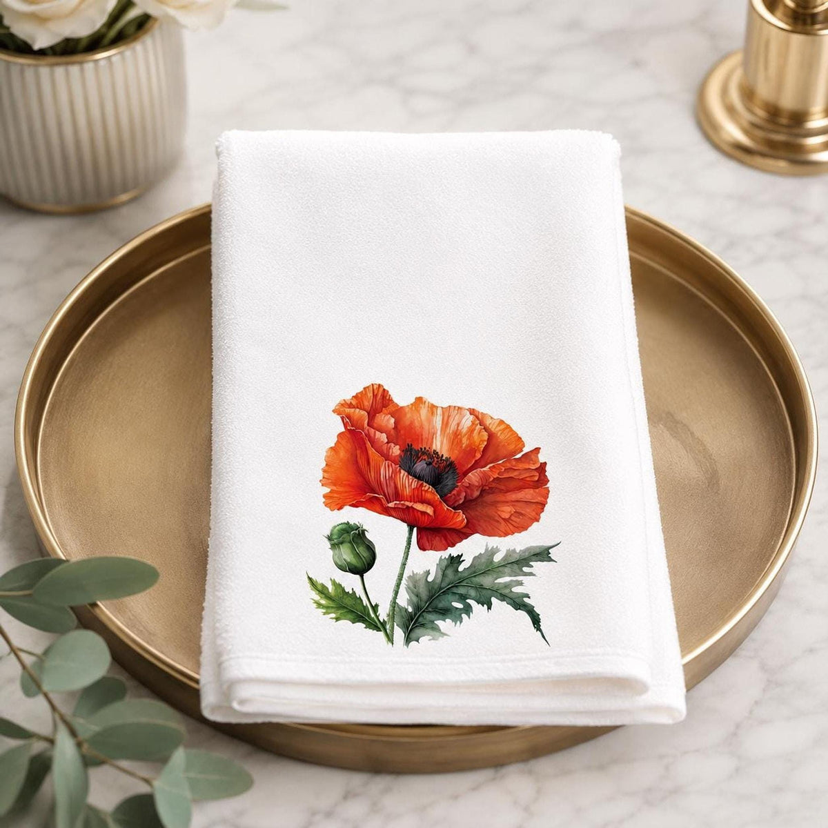Orange Poppy Hand Towel, Floral Bathroom Decor, Botanical Guest Bath Accent