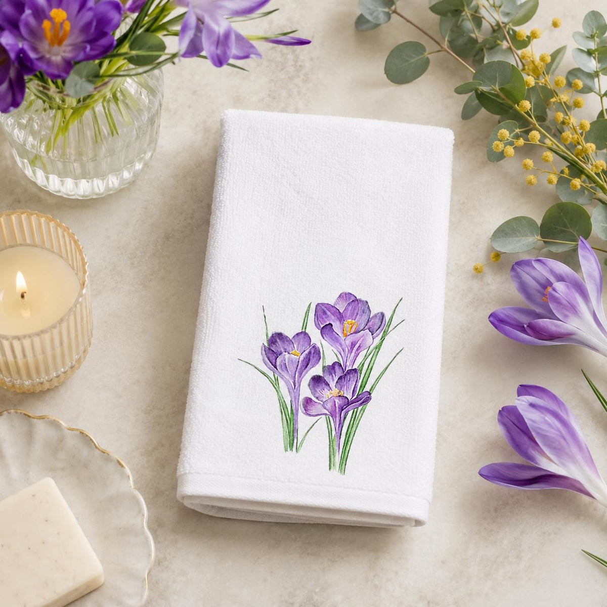 Purple Crocus Fingertip Towel, Spring Floral Guest Bath Decor