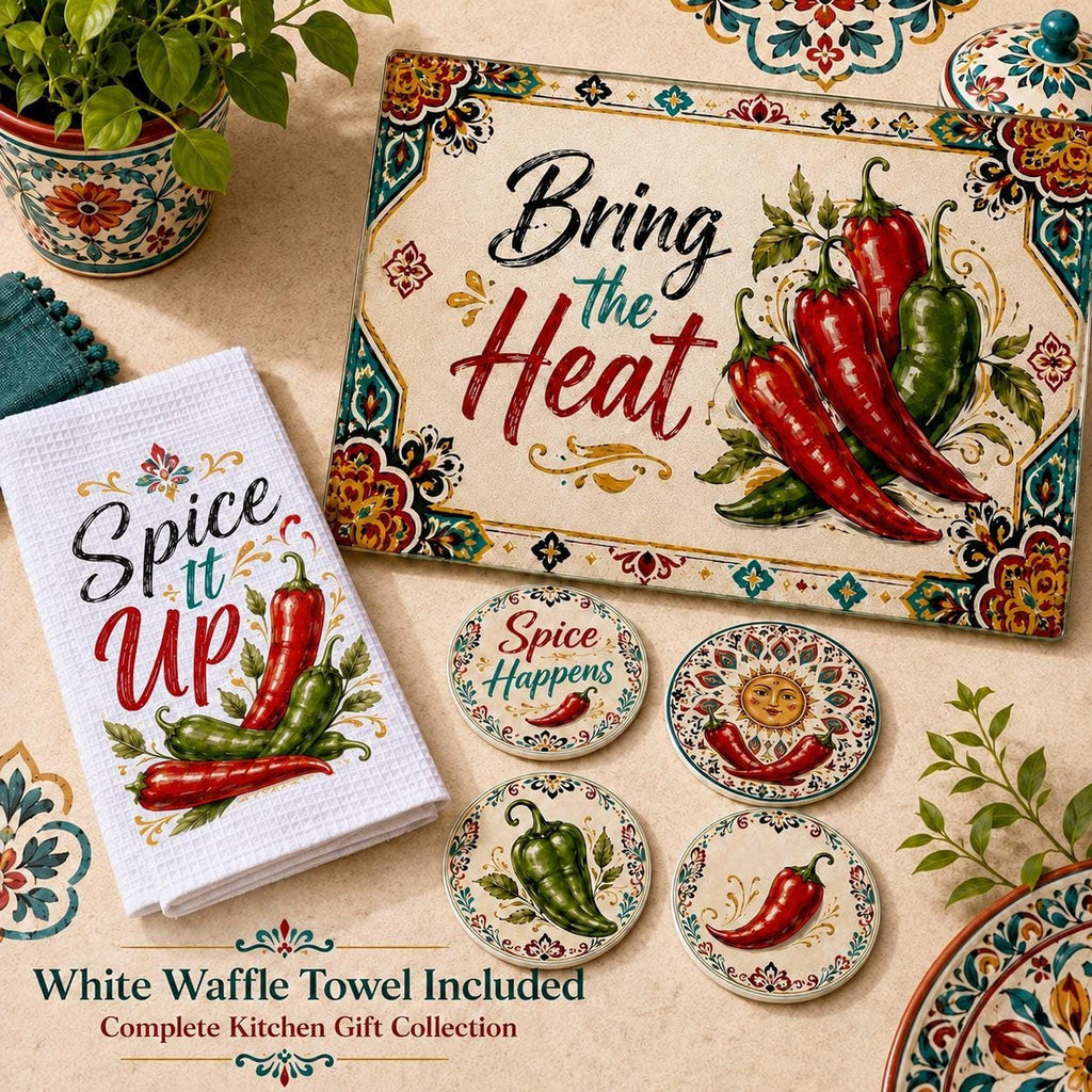 Chili Pepper Kitchen Gift Set with Glass Cutting Board, Coasters & Towel