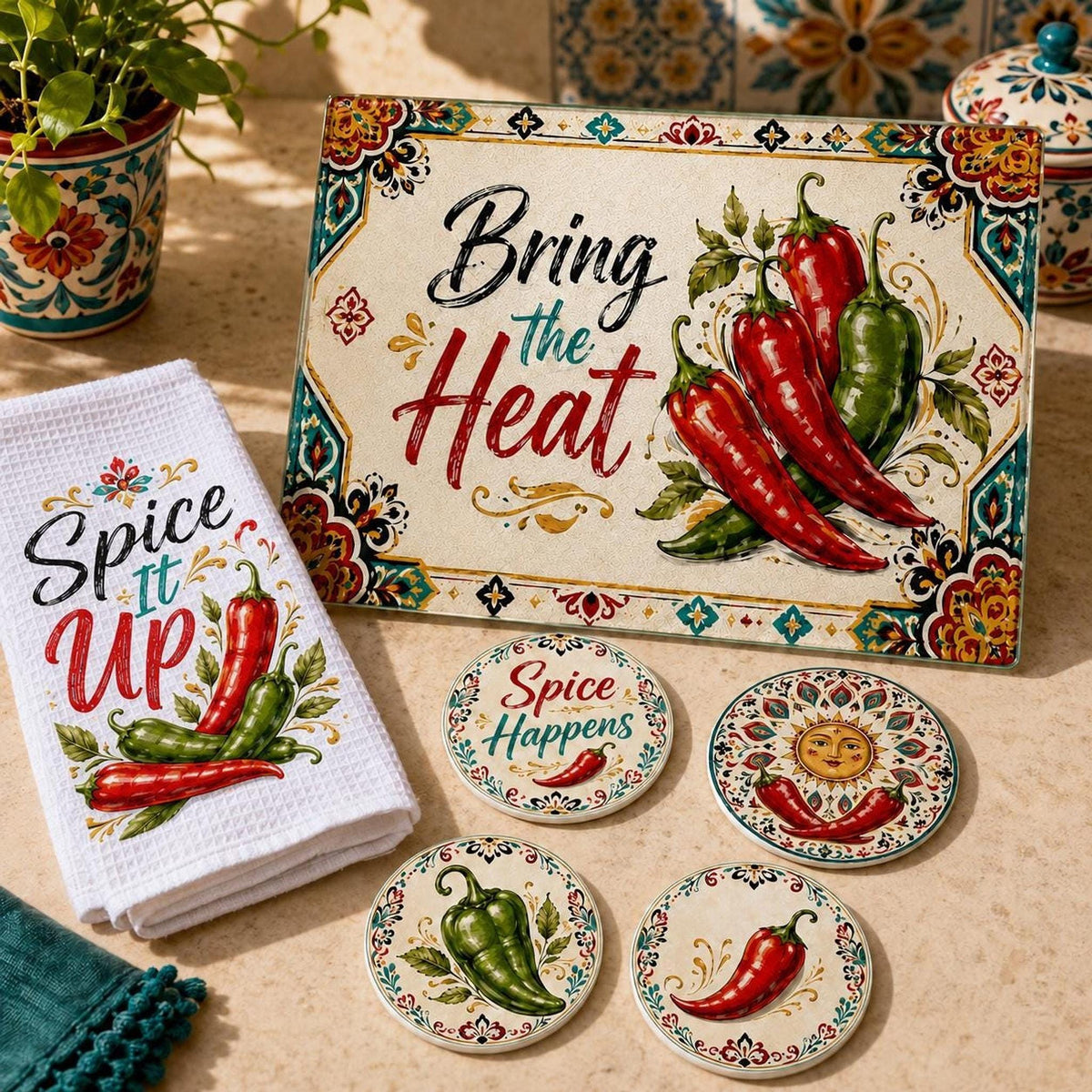 Chili Pepper Kitchen Gift Set with Glass Cutting Board, Coasters & Towel