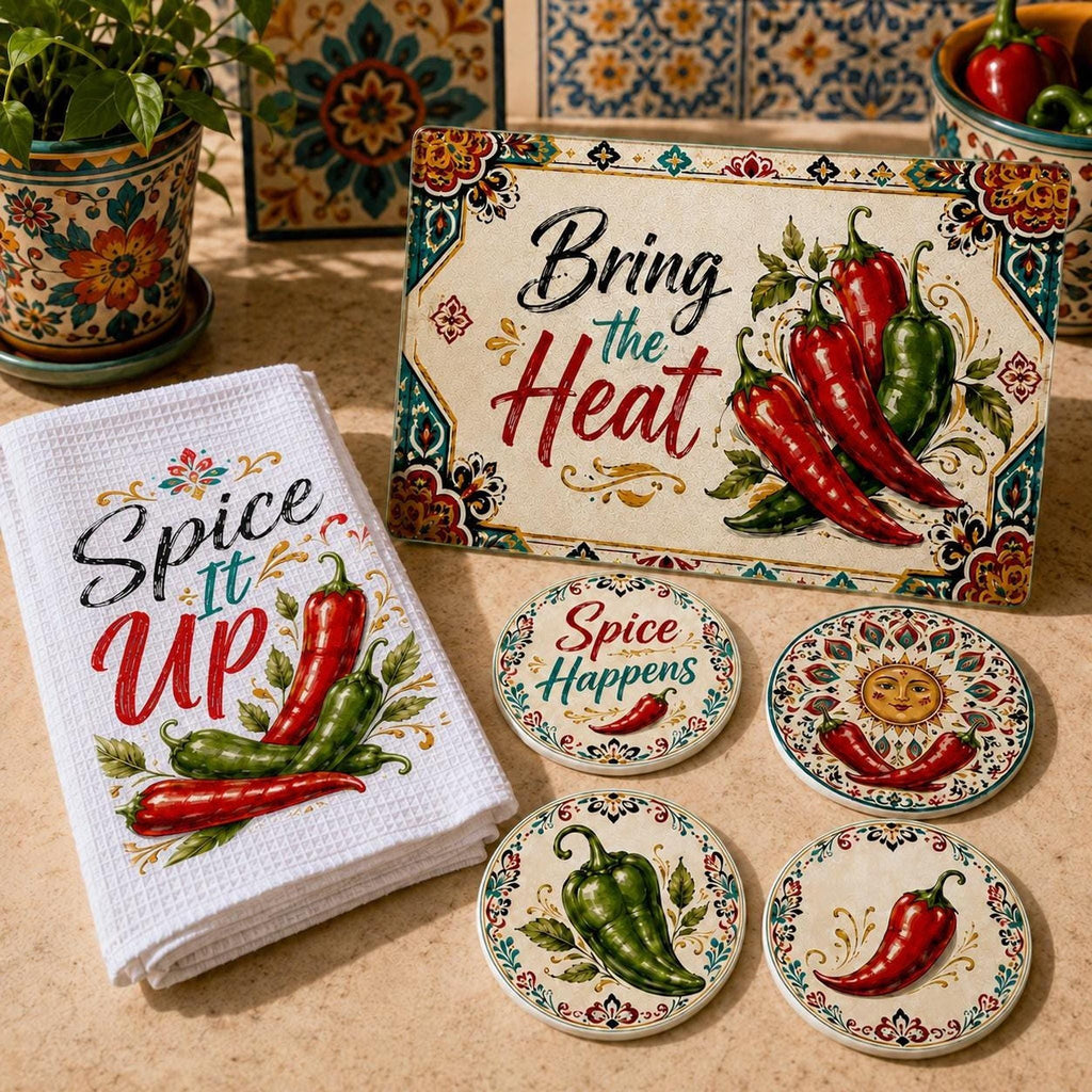 Chili Pepper Kitchen Gift Set with Glass Cutting Board, Coasters & Towel