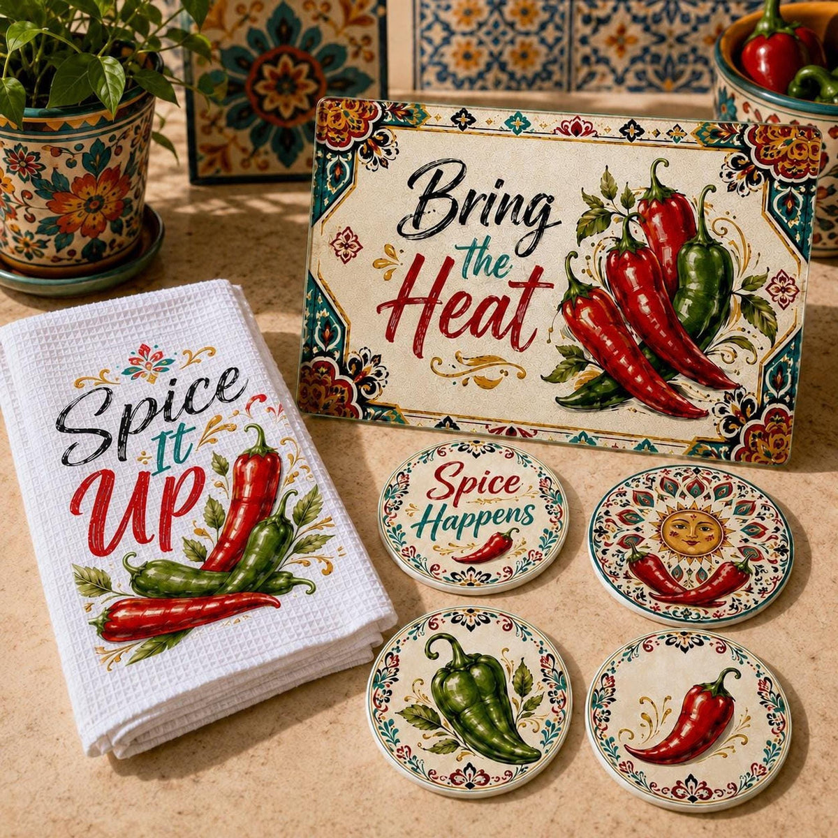 Chili Pepper Kitchen Gift Set with Glass Cutting Board, Coasters & Towel