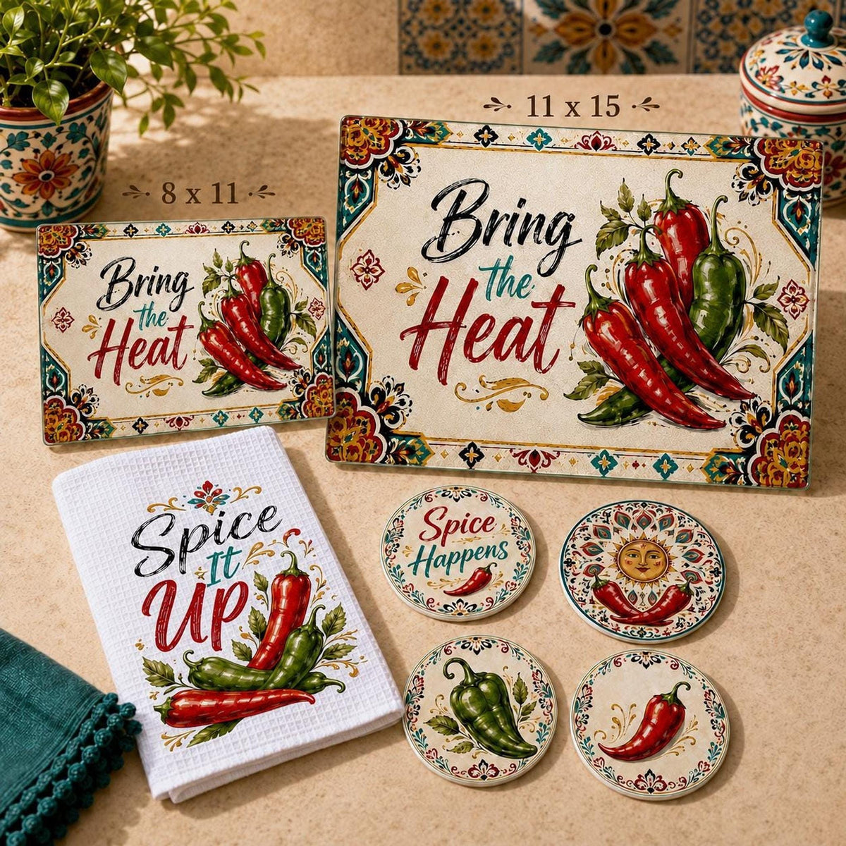 Chili Pepper Kitchen Gift Set with Glass Cutting Board, Coasters & Towel