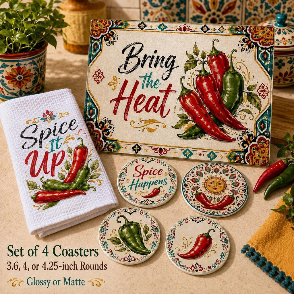 Chili Pepper Kitchen Gift Set with Glass Cutting Board, Coasters & Towel
