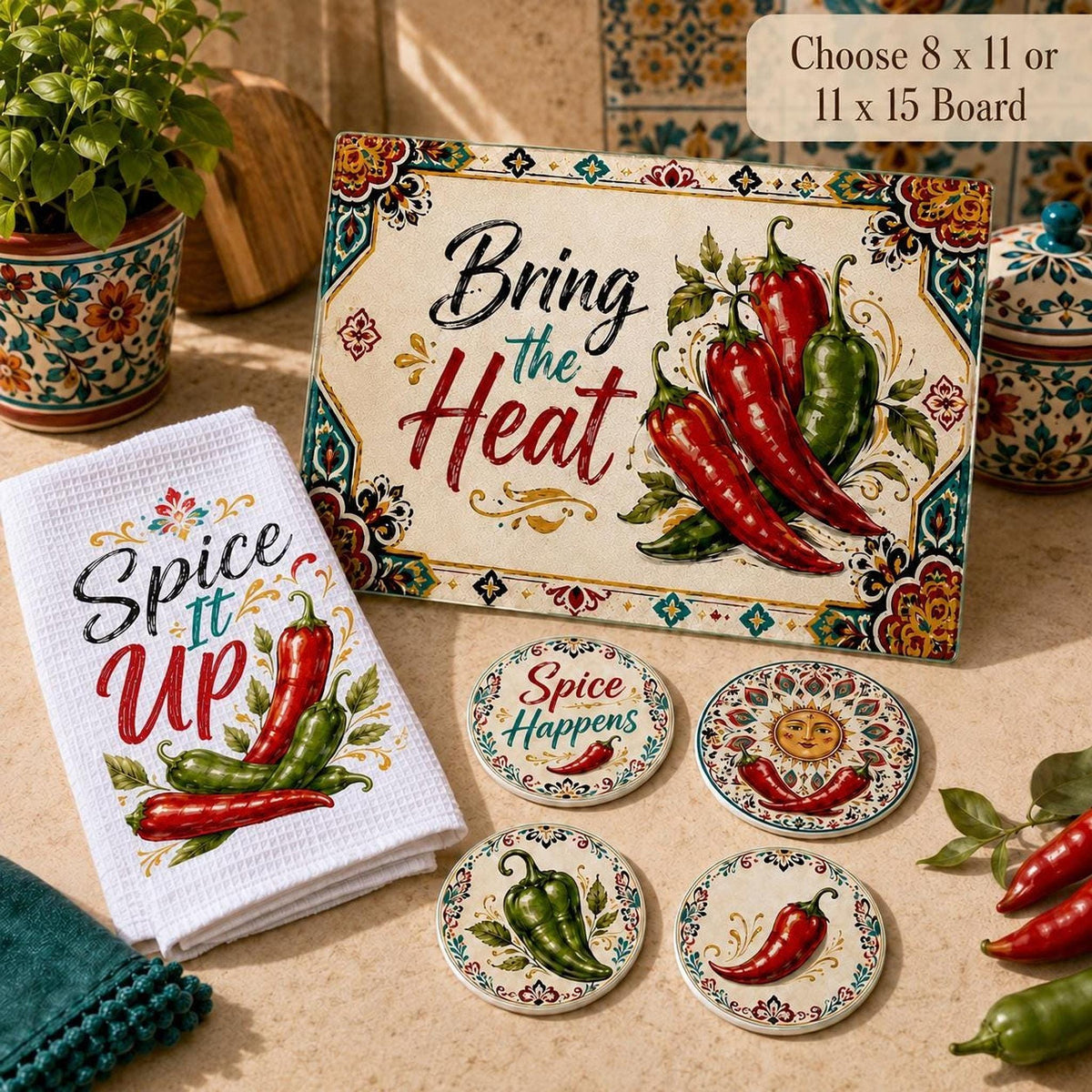 Chili Pepper Kitchen Gift Set with Glass Cutting Board, Coasters & Towel