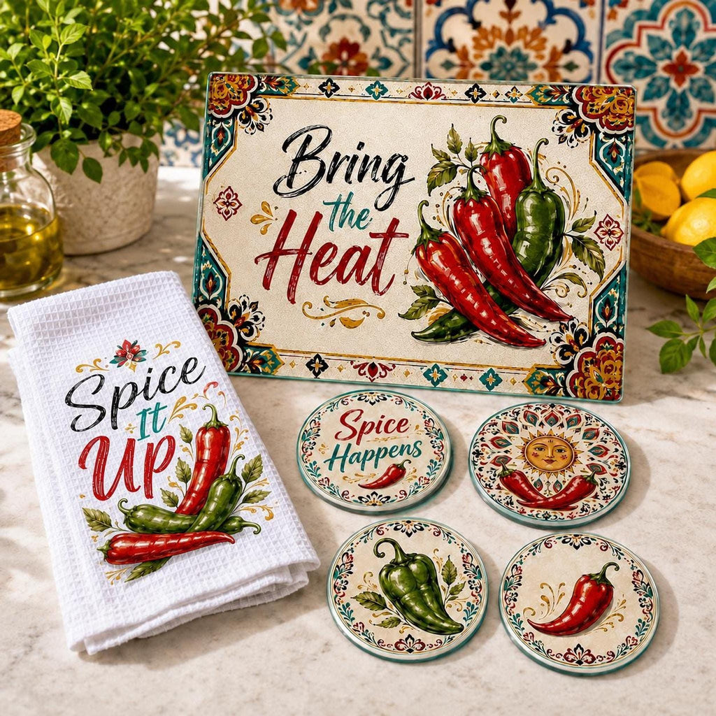 Chili Pepper Kitchen Gift Set with Glass Cutting Board, Coasters & Towel