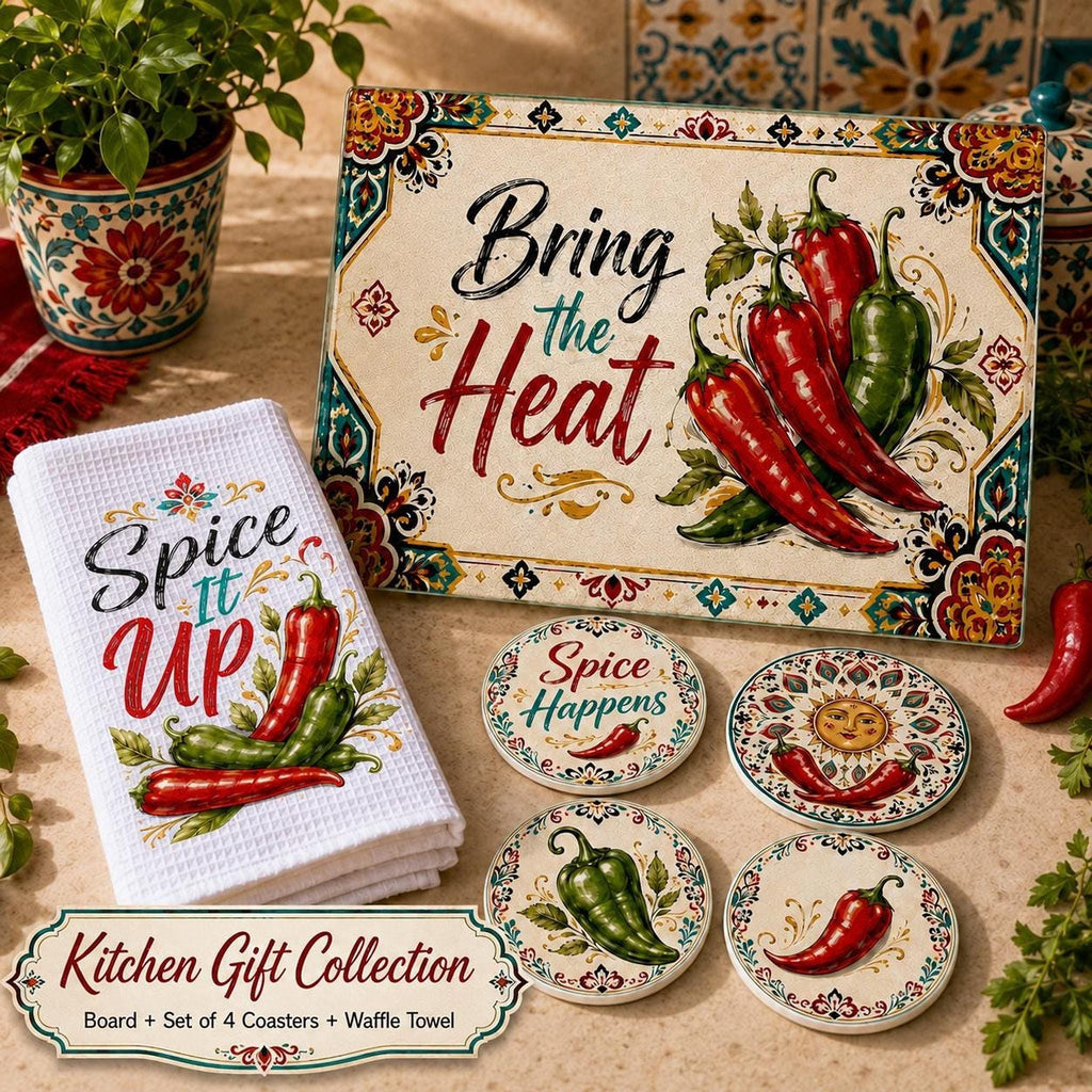 Chili Pepper Kitchen Gift Set with Glass Cutting Board, Coasters & Towel