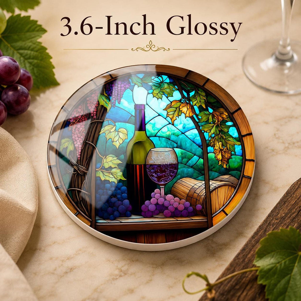Round Ceramic Wine Coaster, Stained Glass Design with Vineyard Artwork