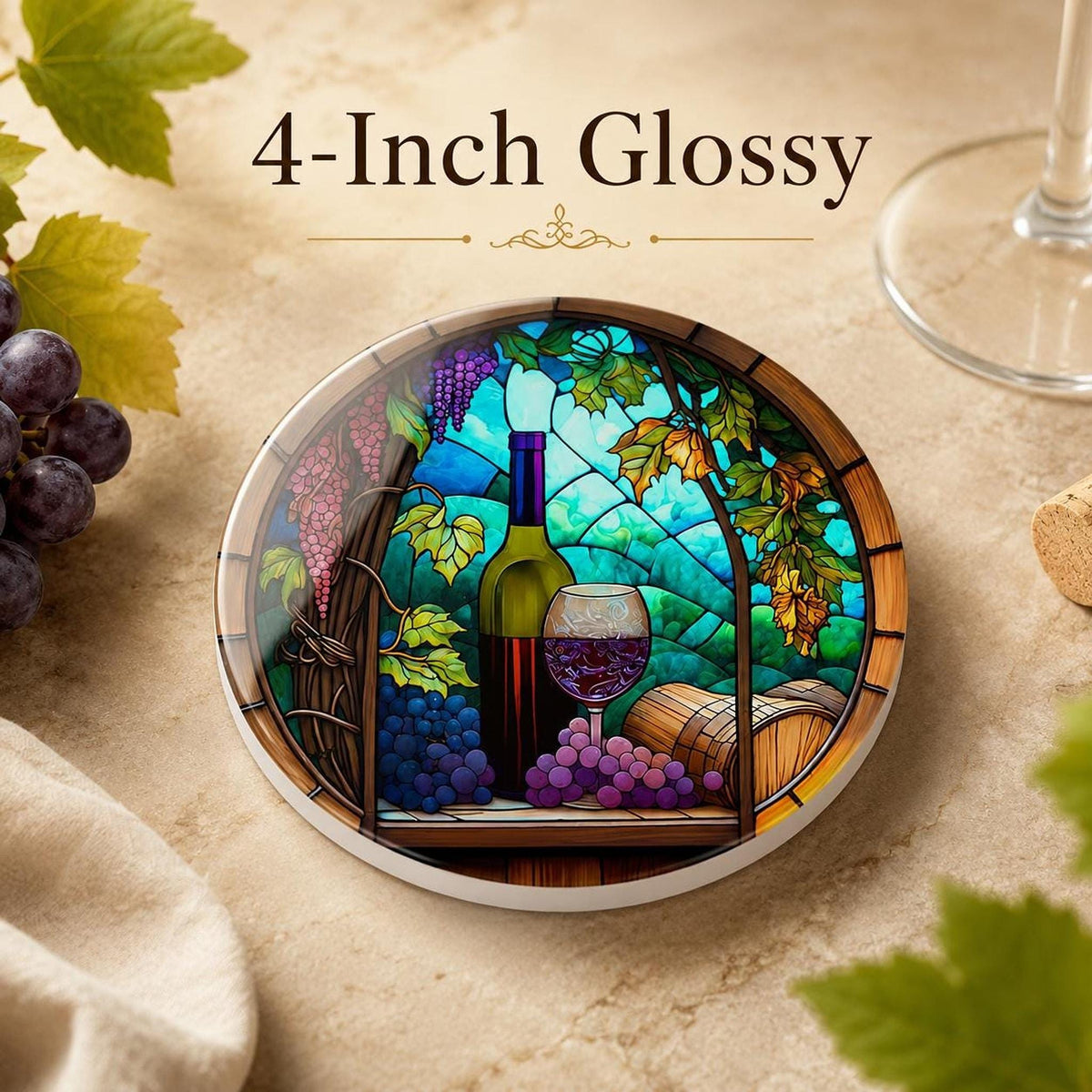 Round Ceramic Wine Coaster, Stained Glass Design with Vineyard Artwork