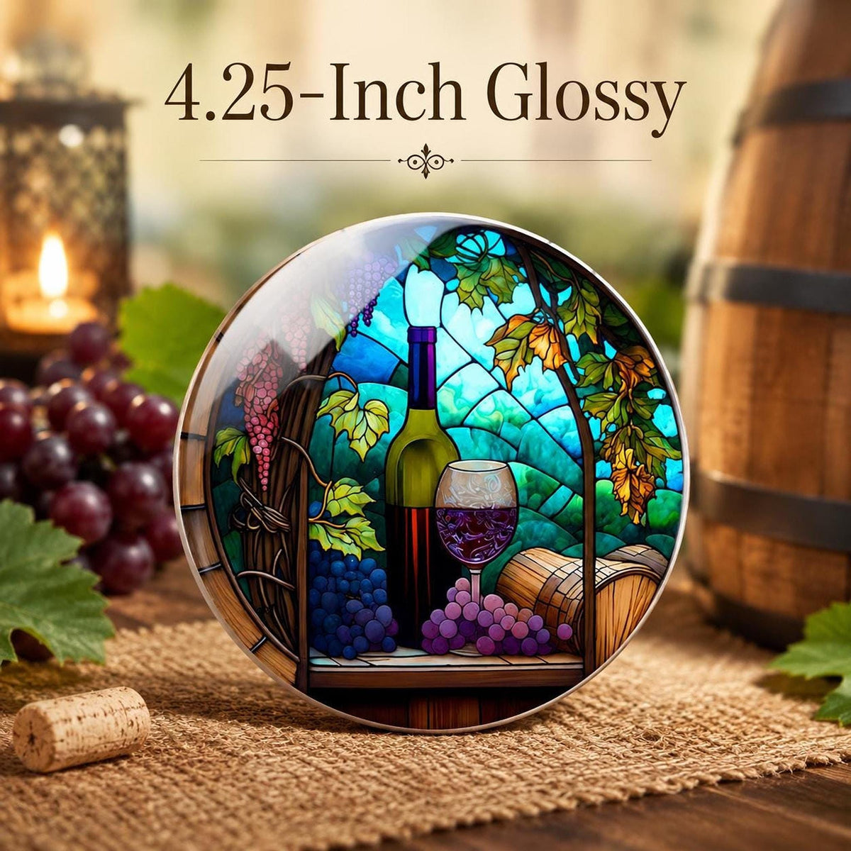 Round Ceramic Wine Coaster, Stained Glass Design with Vineyard Artwork