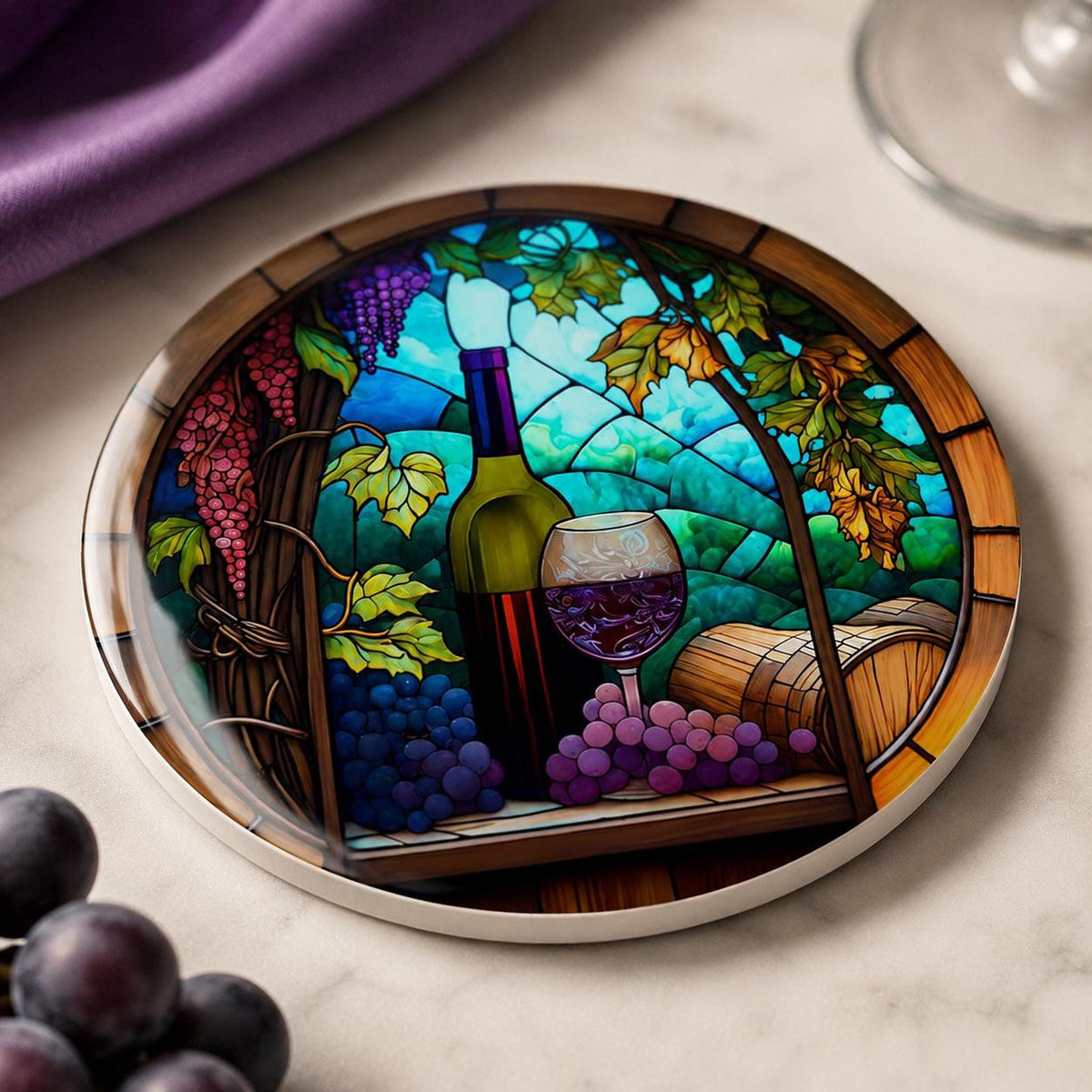 Round Ceramic Wine Coaster, Stained Glass Design with Vineyard Artwork