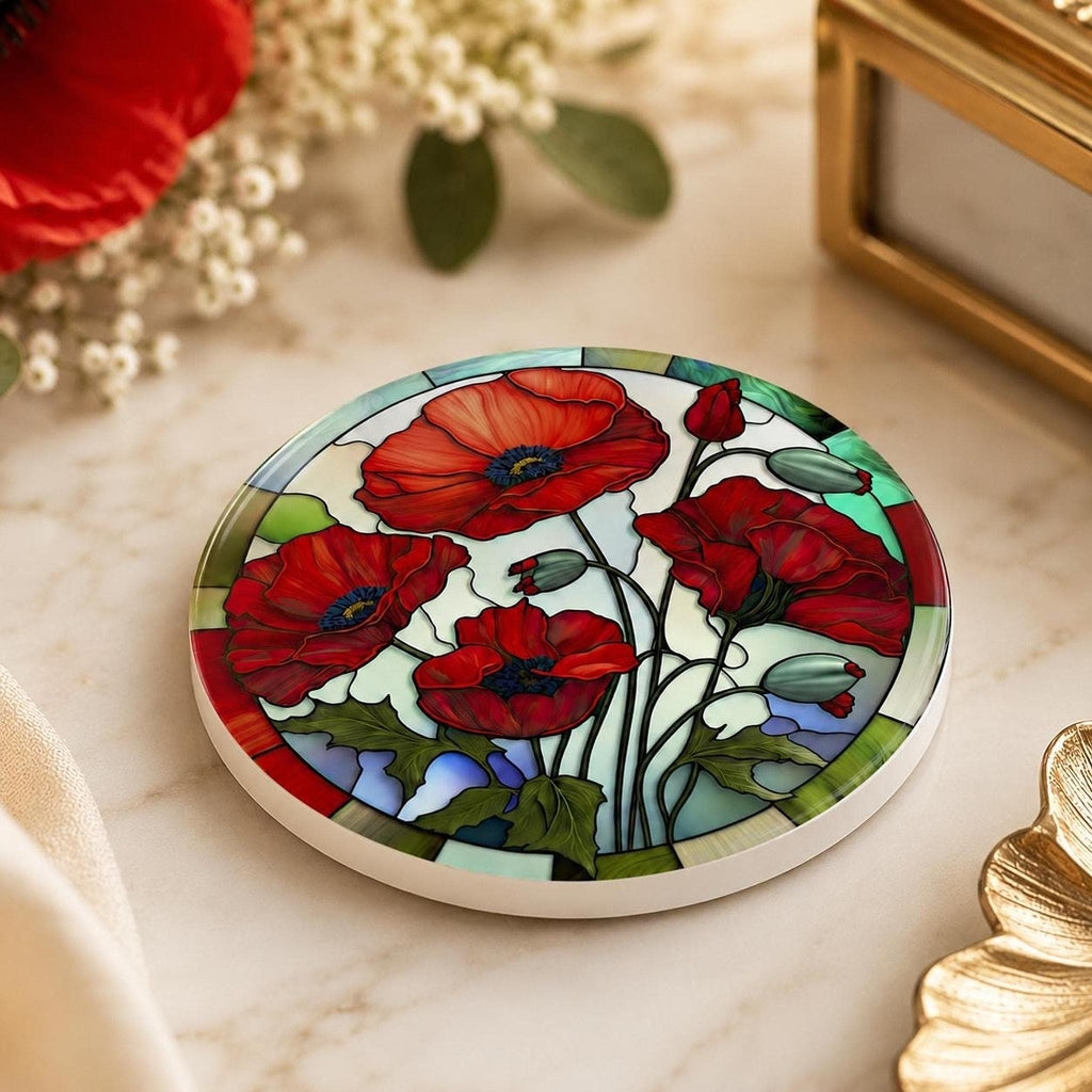Red Poppy Coaster, Round Ceramic Drink Mat with Floral Design