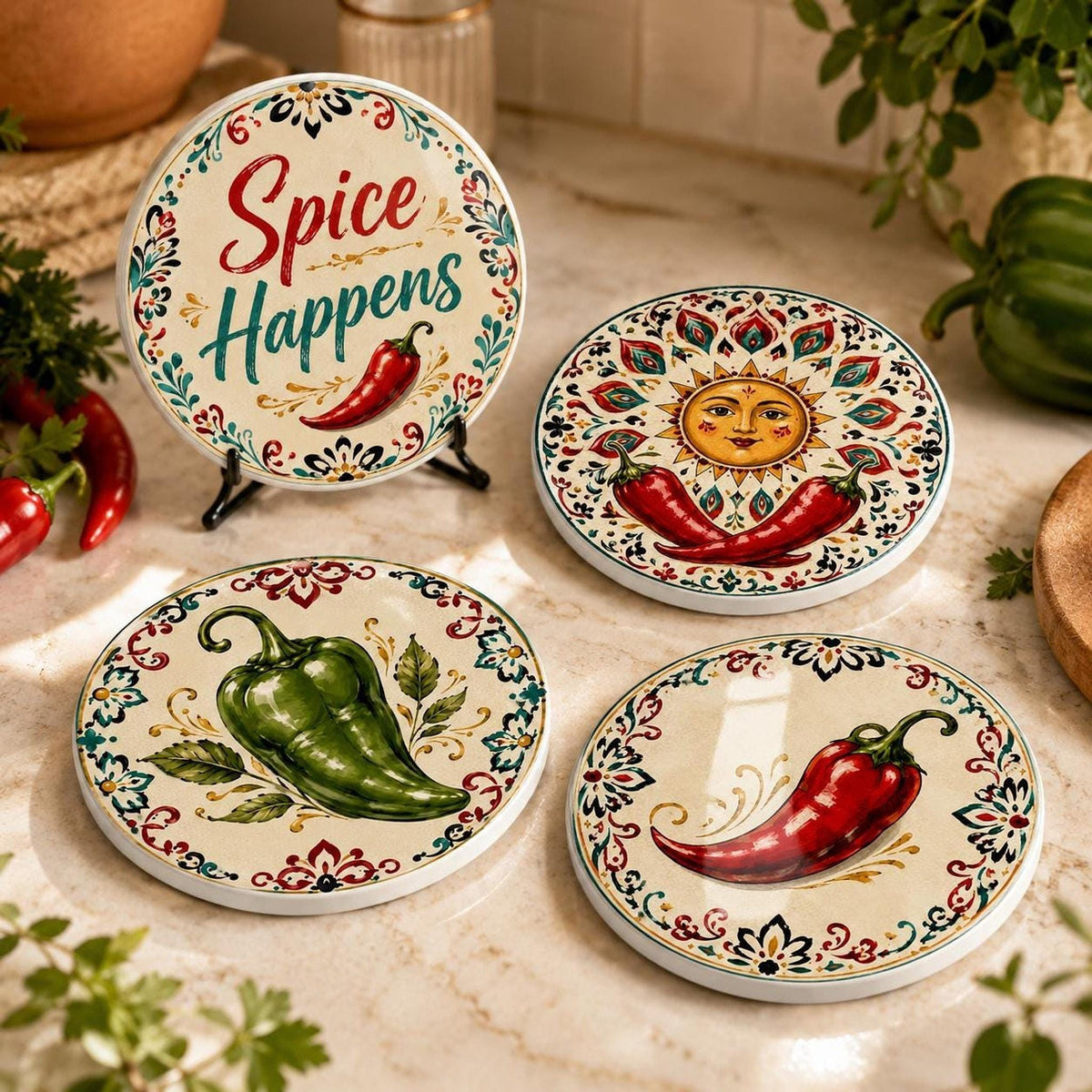 Chili Pepper Decor Coaster Set, Colorful Ceramic with Fun Designs