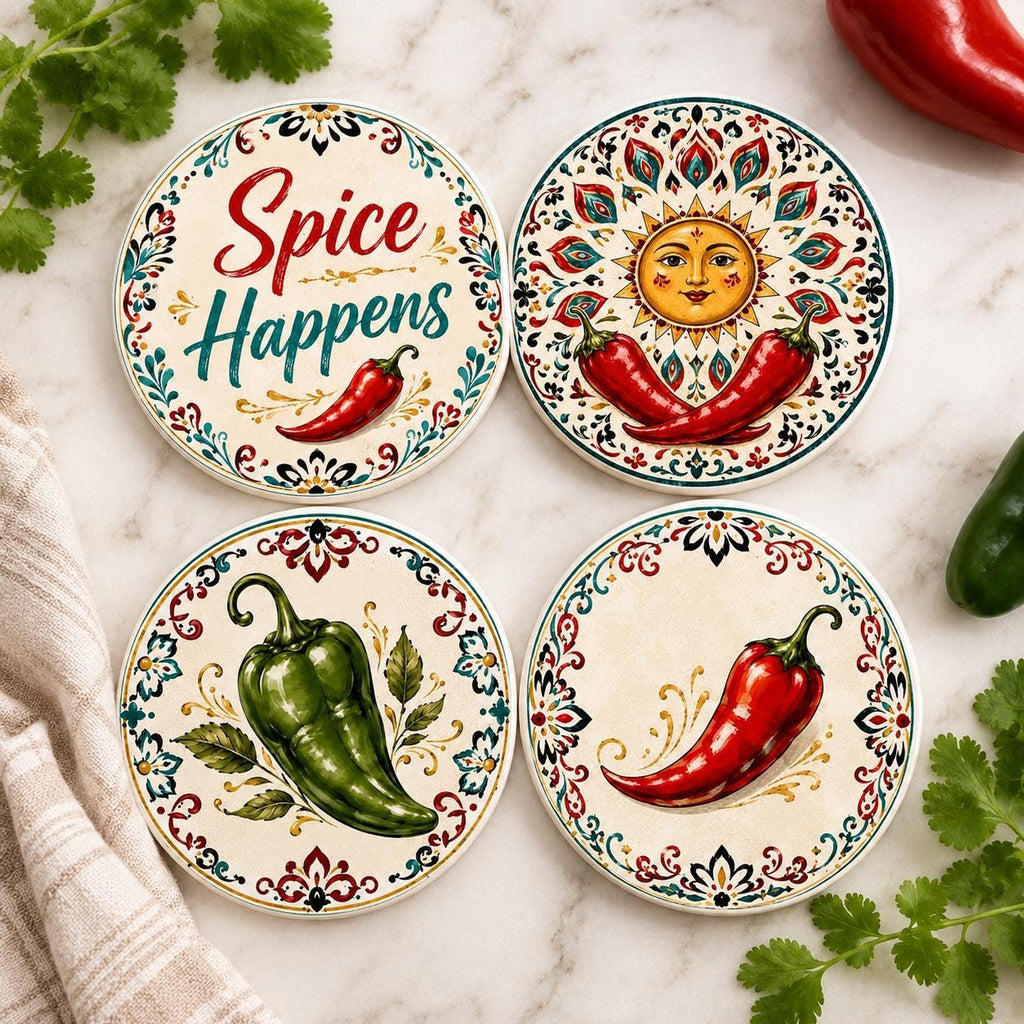Chili Pepper Decor Coaster Set, Colorful Ceramic with Fun Designs