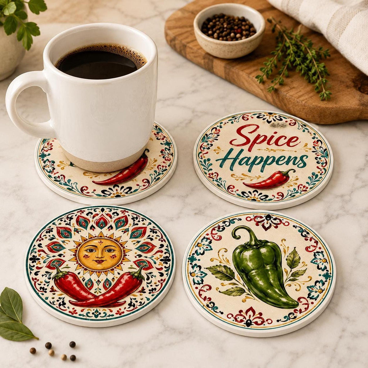 Chili Pepper Decor Coaster Set, Colorful Ceramic with Fun Designs