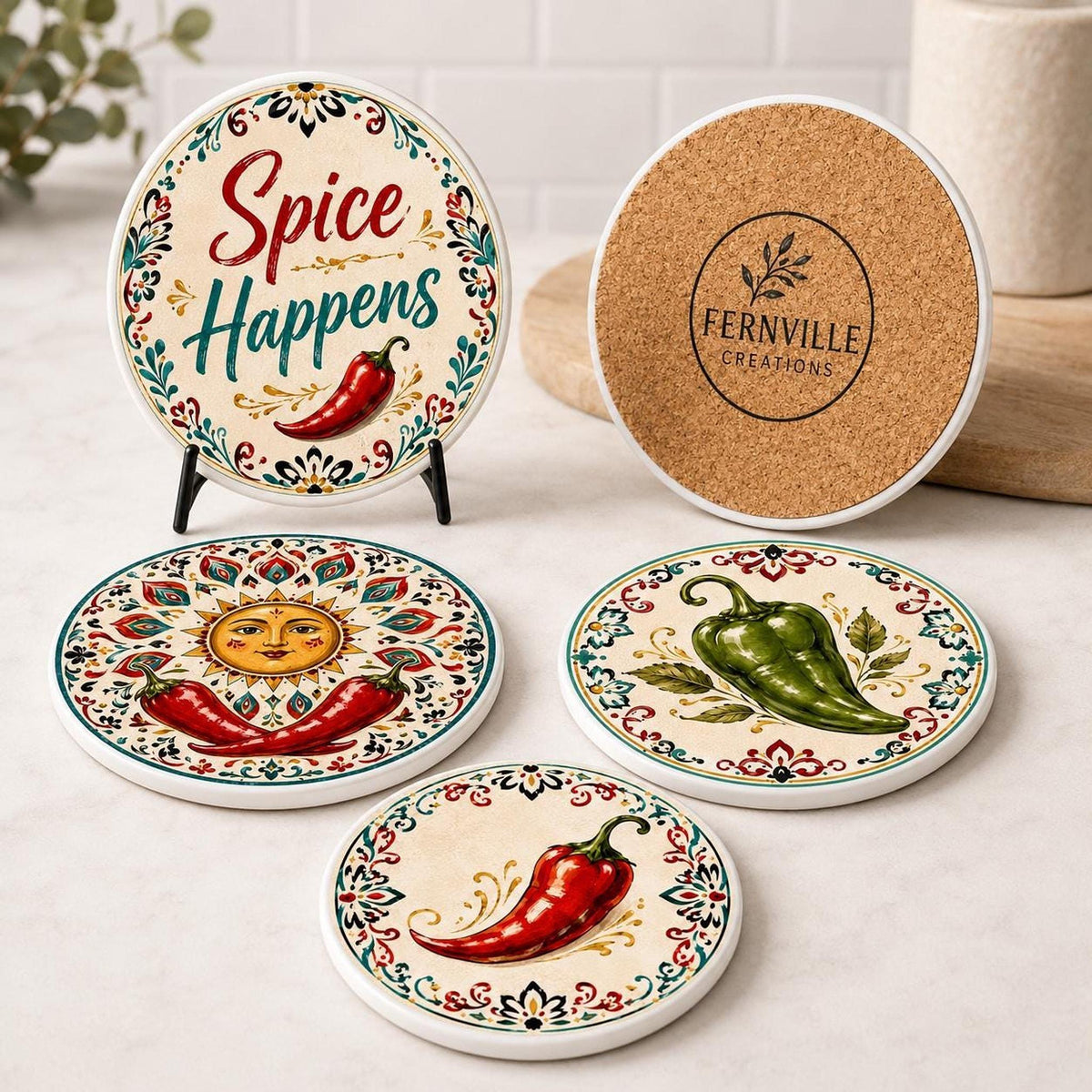 Chili Pepper Decor Coaster Set, Colorful Ceramic with Fun Designs