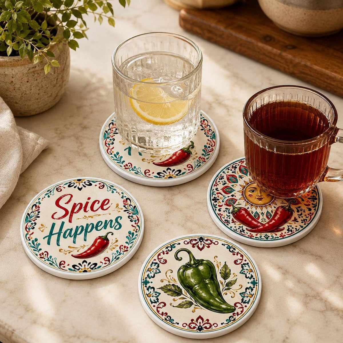 Chili Pepper Decor Coaster Set, Colorful Ceramic with Fun Designs