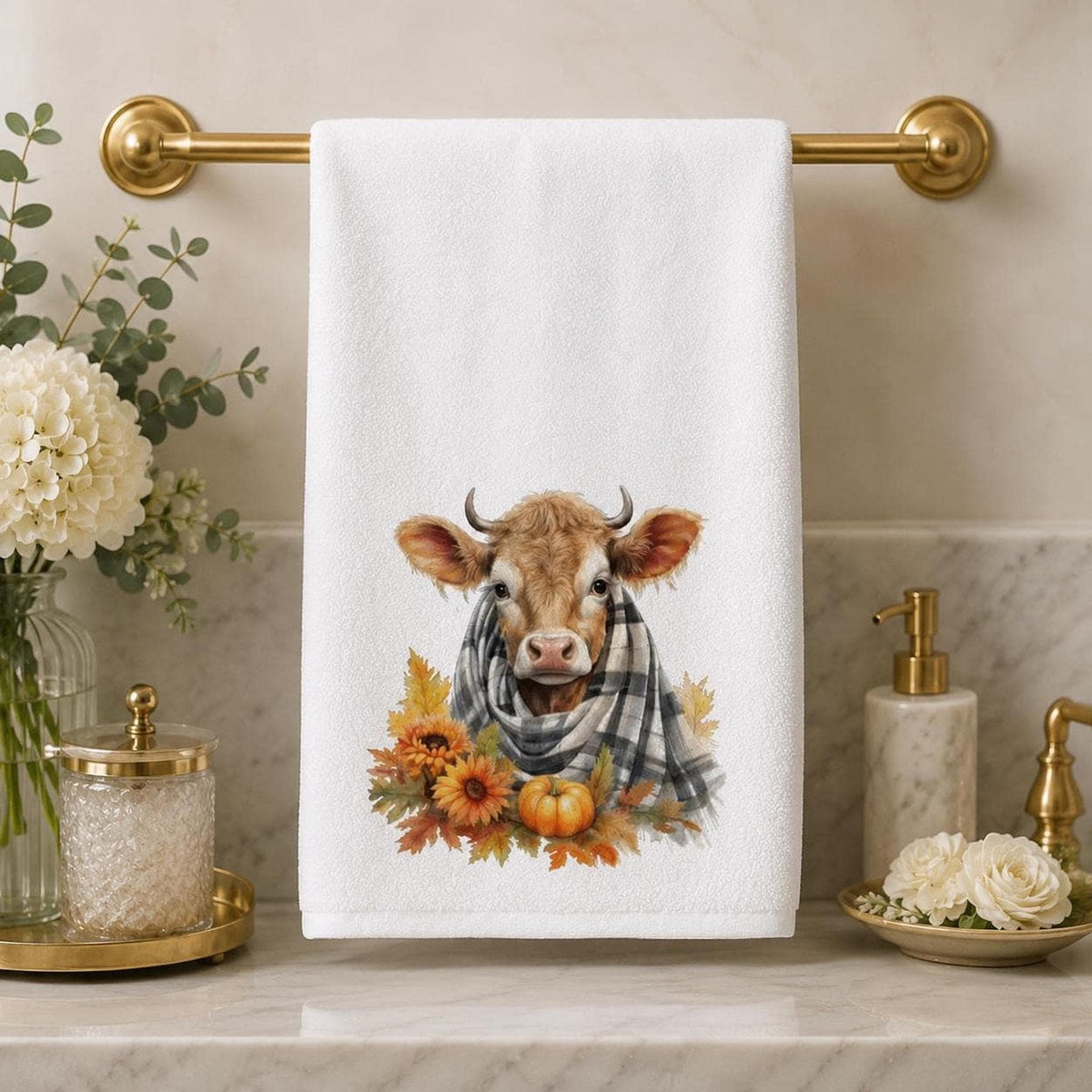 Fall Cow Towel, Rustic Bathroom Decor with Autumn Accents