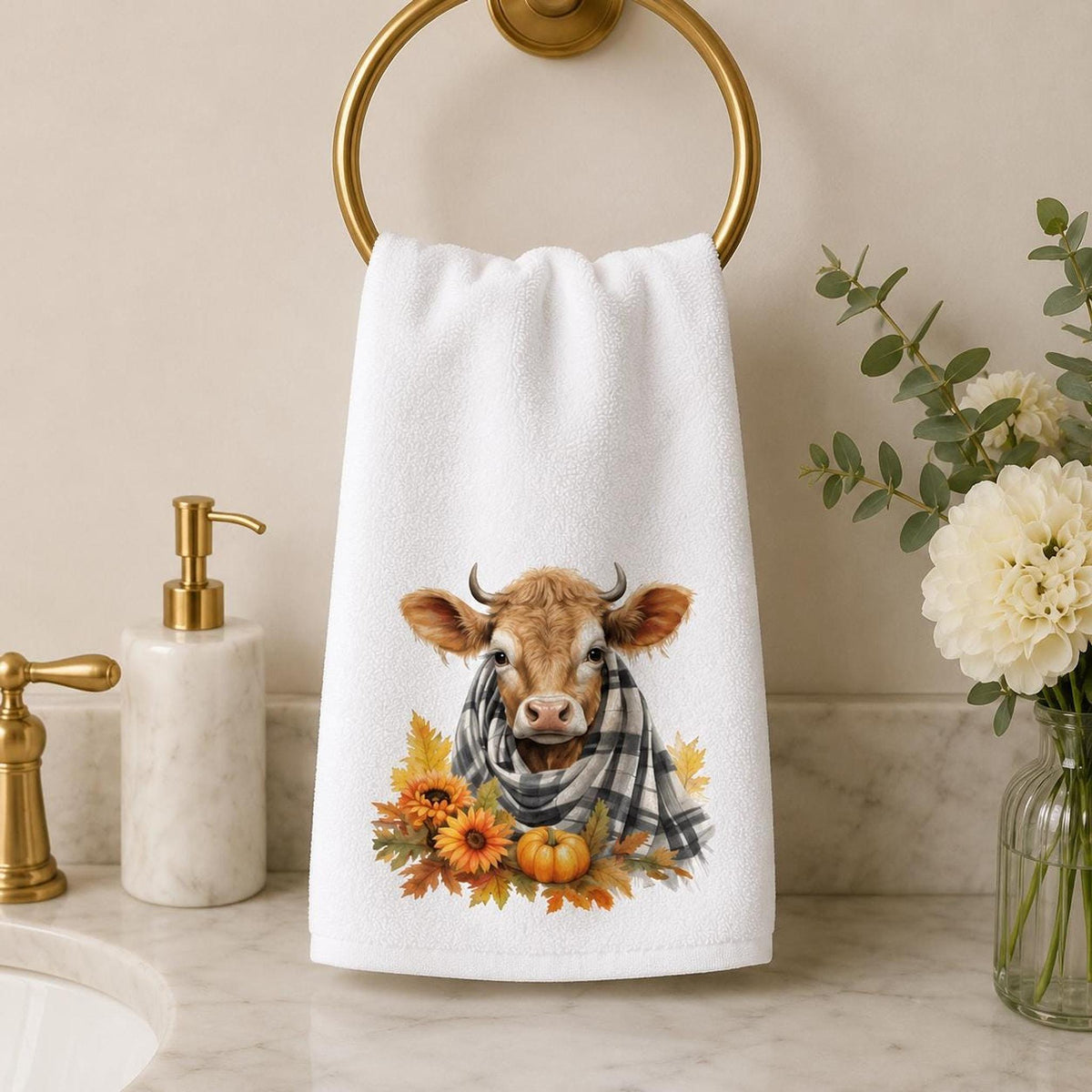 Fall Cow Towel, Rustic Bathroom Decor with Autumn Accents