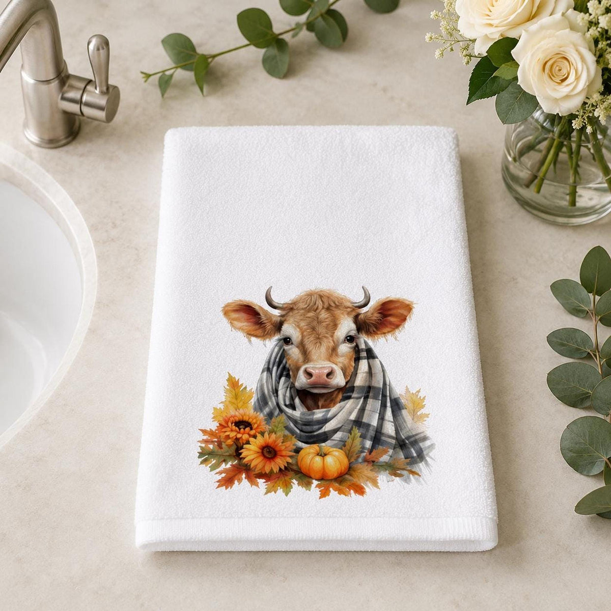 Fall Cow Towel, Rustic Bathroom Decor with Autumn Accents