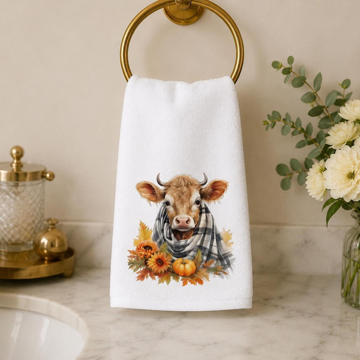 Fall Cow Towel, Rustic Bathroom Decor with Autumn Accents