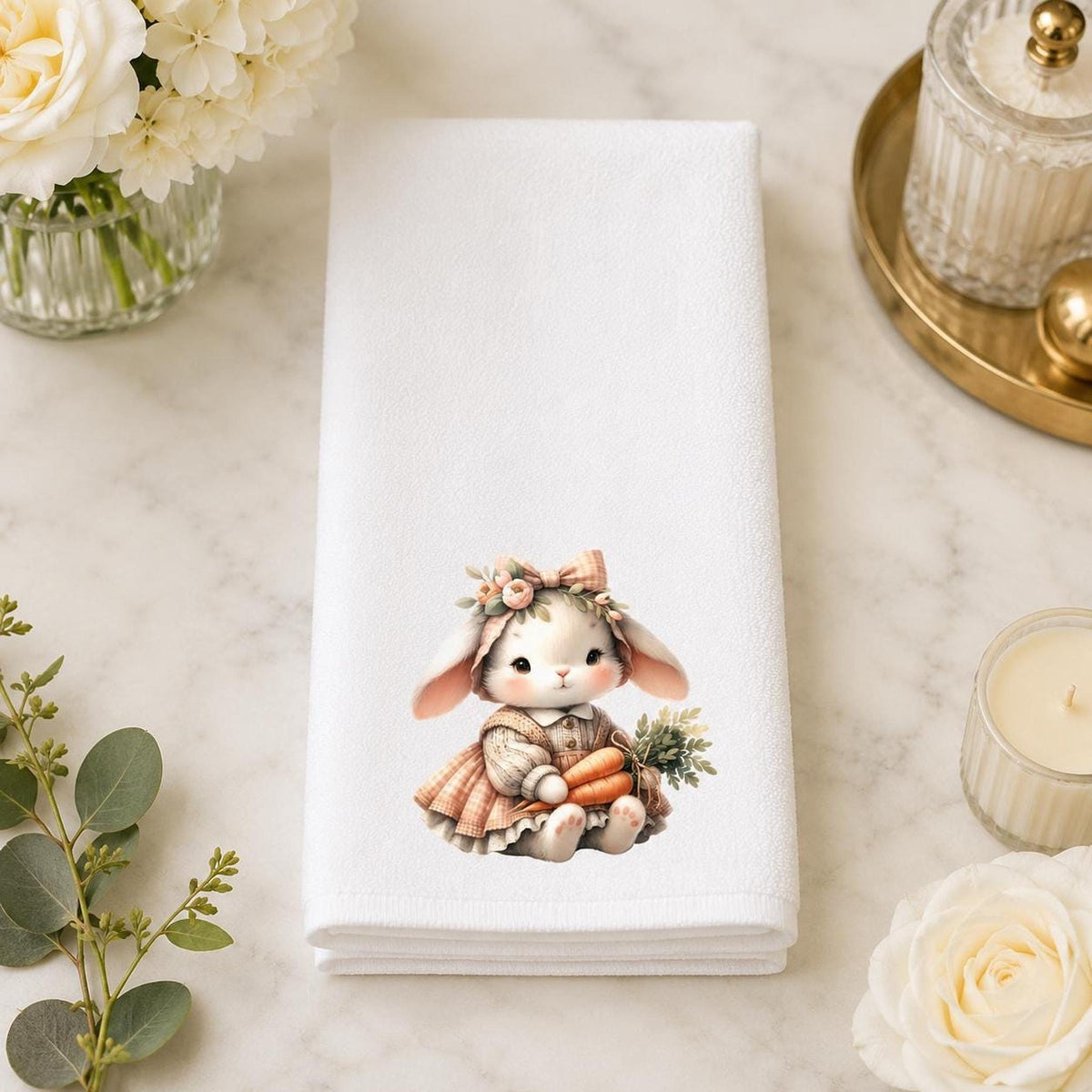 Easter Bunny Towel, Pastel Rabbit Design with Carrots, 15x25 Inches