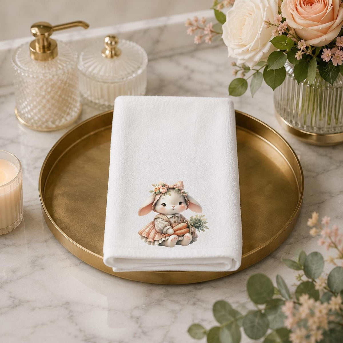 Easter Bunny Towel, Pastel Rabbit Design with Carrots, 15x25 Inches