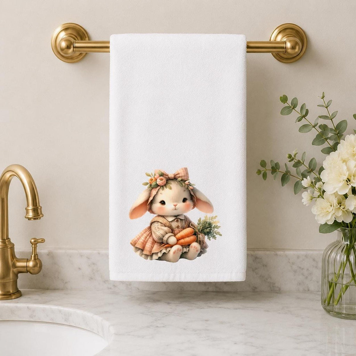 Easter Bunny Towel, Pastel Rabbit Design with Carrots, 15x25 Inches